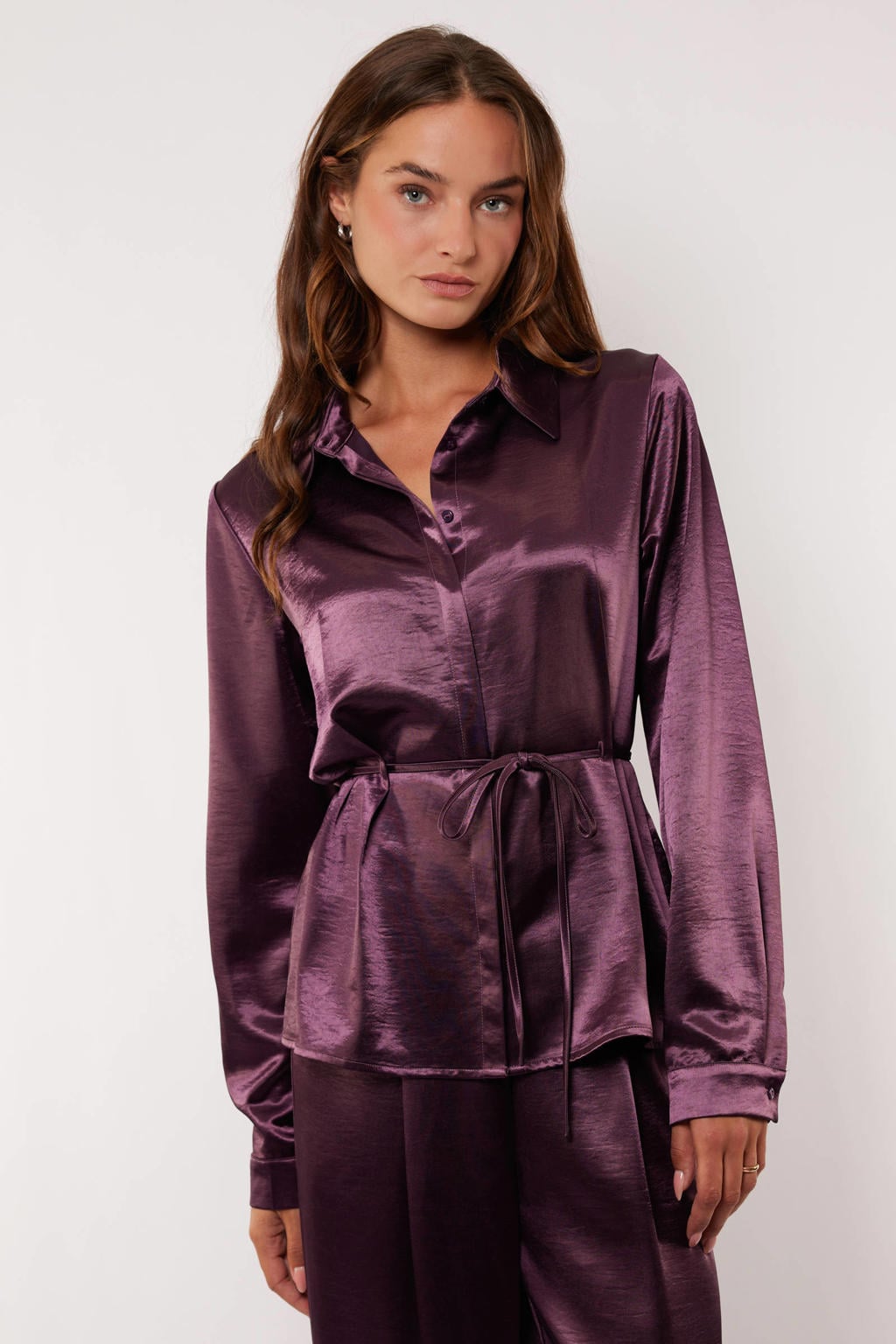 Paarse dames G-maxx blouse van polyester met effen, lange mouwen, klassieke kraag, knoopsluiting en ceintuur