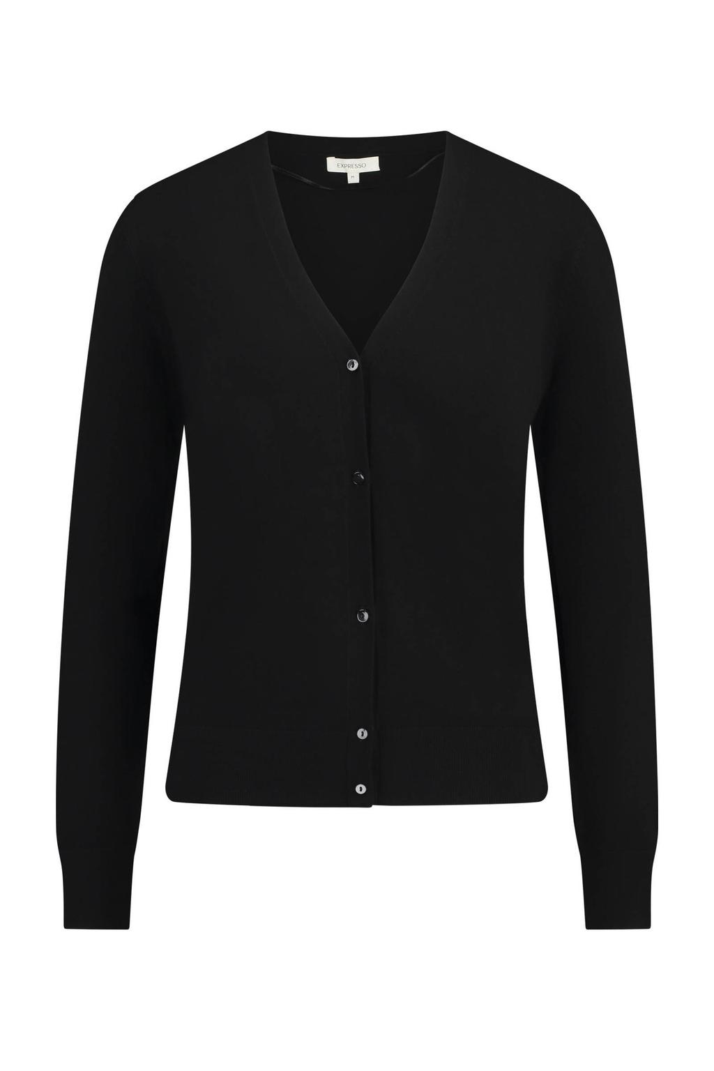 Zwarte dames Expresso cardigan fijn gebreid van viscose met effen, lange mouwen, V-hals en knoopsluiting
