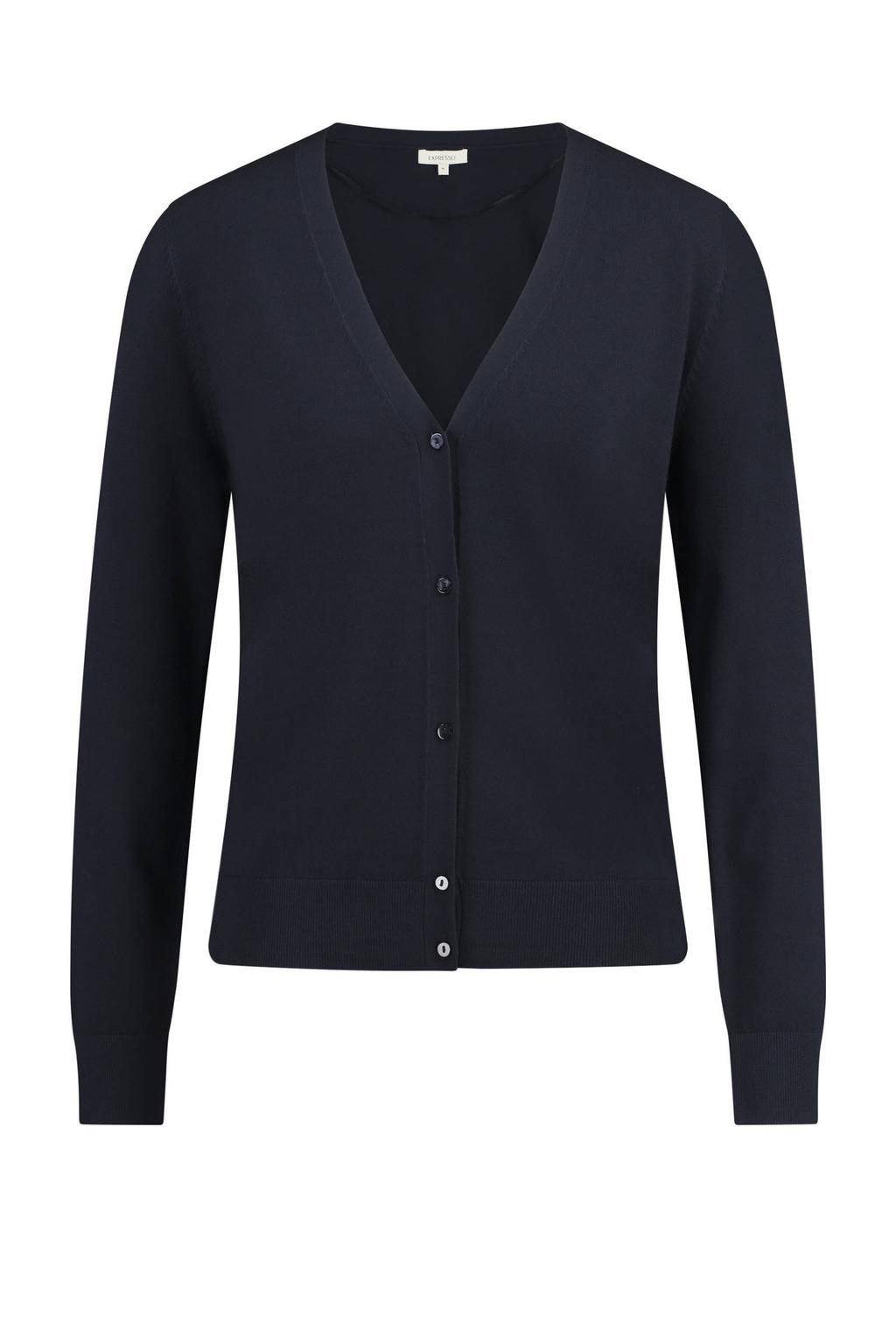 Donkerblauwe dames Expresso cardigan fijn gebreid van viscose met effen, lange mouwen, V-hals en knoopsluiting