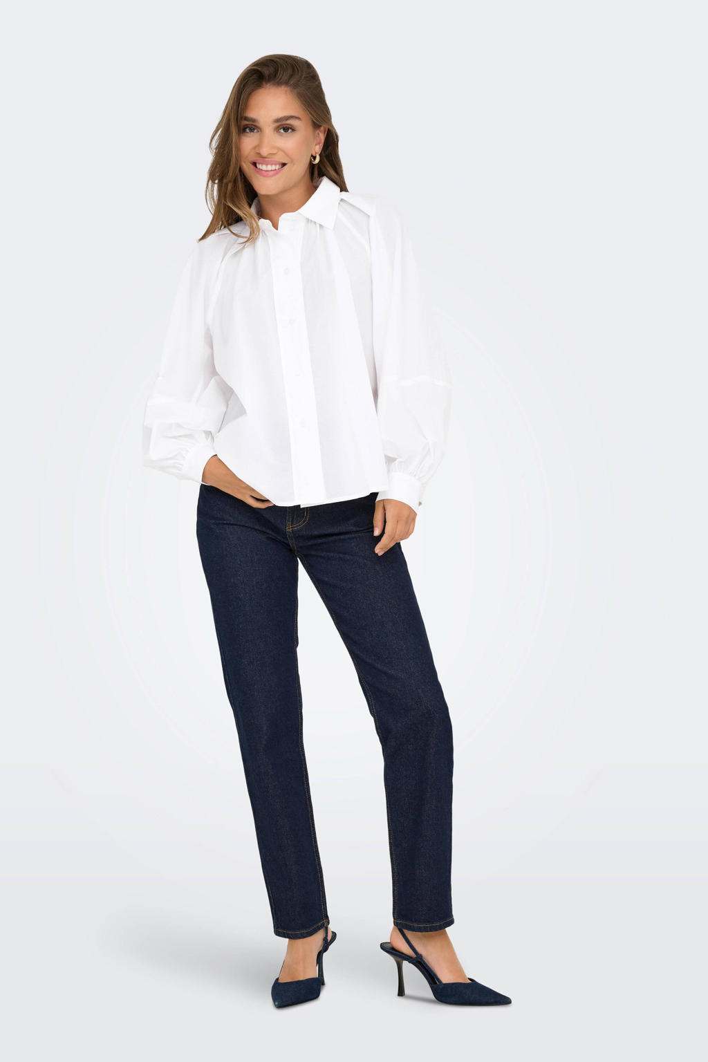 Witte dames ONLY blouse van katoen met effen, lange mouwen, klassieke kraag, knoopsluiting en plooien