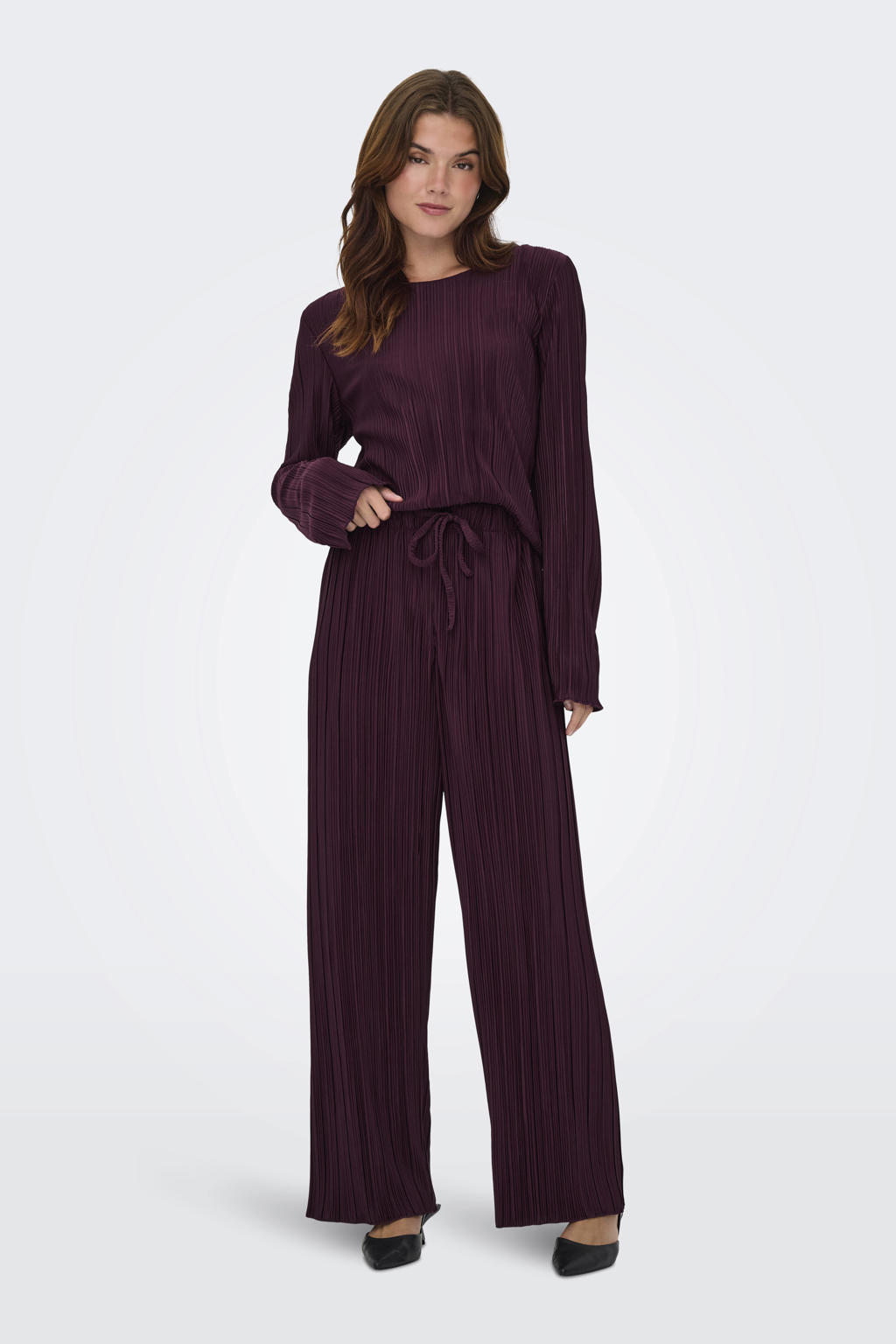 Donkerrode dames ONLY high waist broek van polyester met loose fit, striksluiting en effen