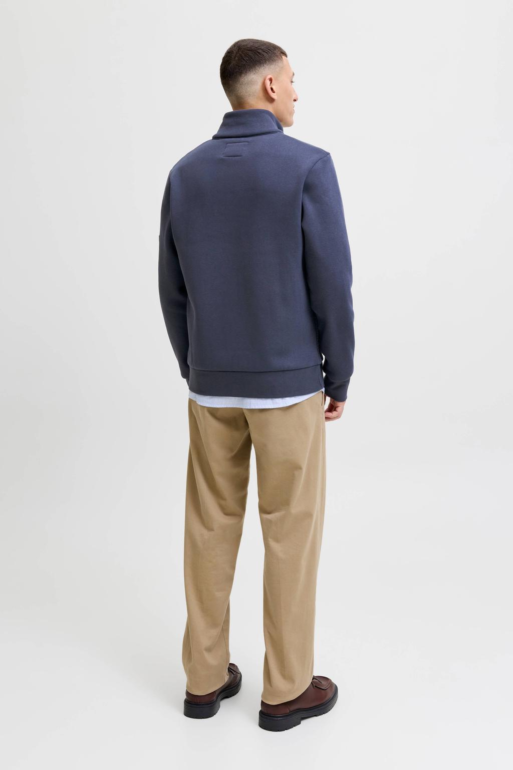 Donkerblauwe heren JACK & JONES PREMIUM sweatvest met printopdruk, lange mouwen, opstaande kraag, ritssluiting en textuur