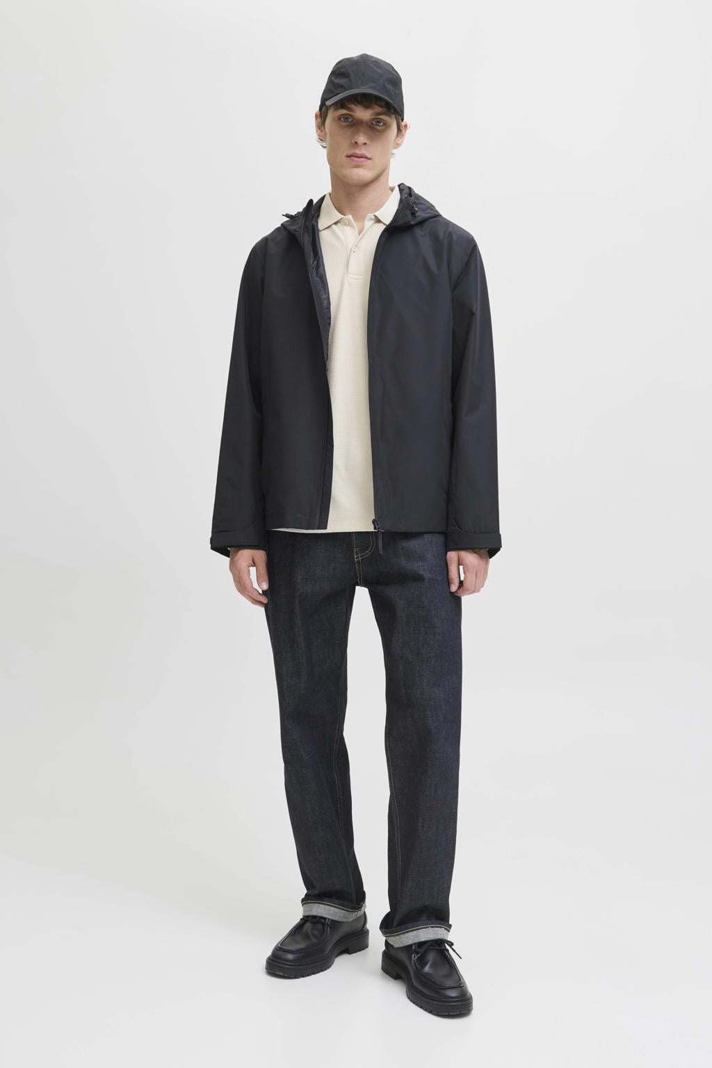 Beige heren JACK & JONES ESSENTIALS regular polo met effen, lange mouwen, knoopsluiting en pique