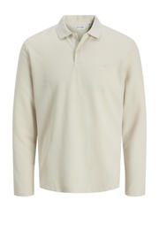 thumbnail: Beige heren JACK & JONES ESSENTIALS regular polo met effen, lange mouwen, knoopsluiting en textuur