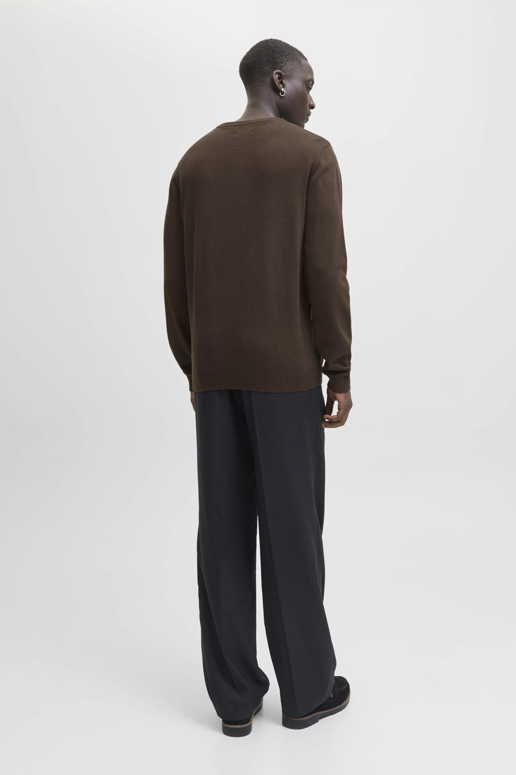 Donkerblauwe heren JACK & JONES ESSENTIALS gebreide trui van katoen met effen, lange mouwen en ronde hals