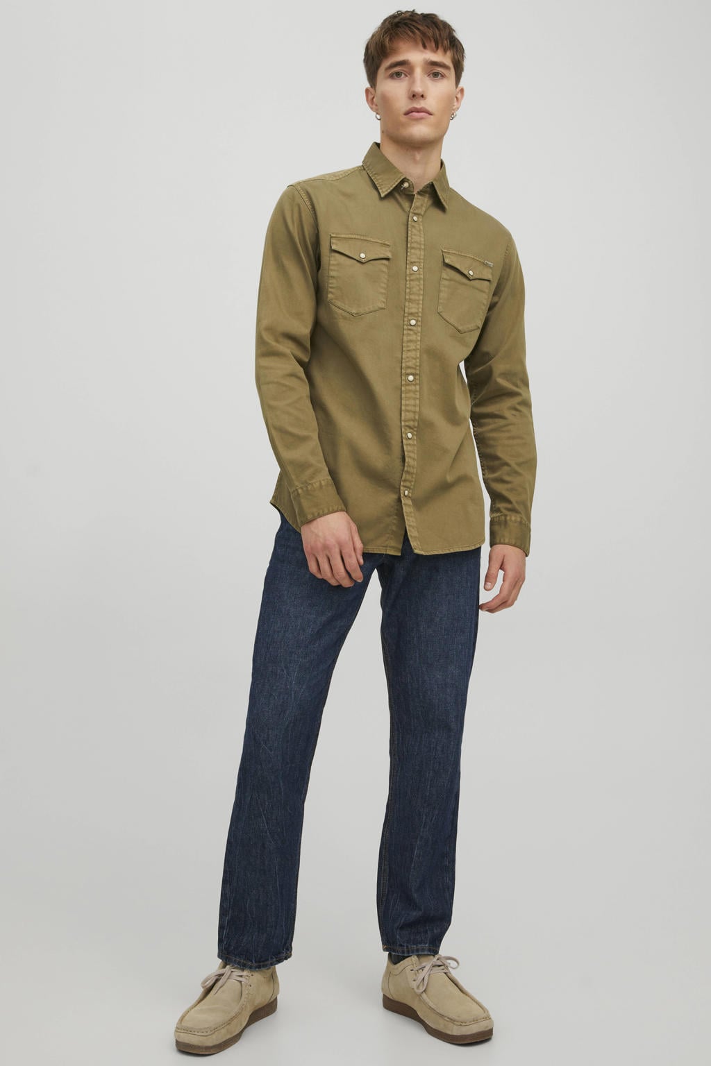 Olijfgroene heren JACK & JONES JEANS INTELLIGENCE regular casual overhemd van denim met effen, lange mouwen, klassieke kraag en drukknoopsluiting