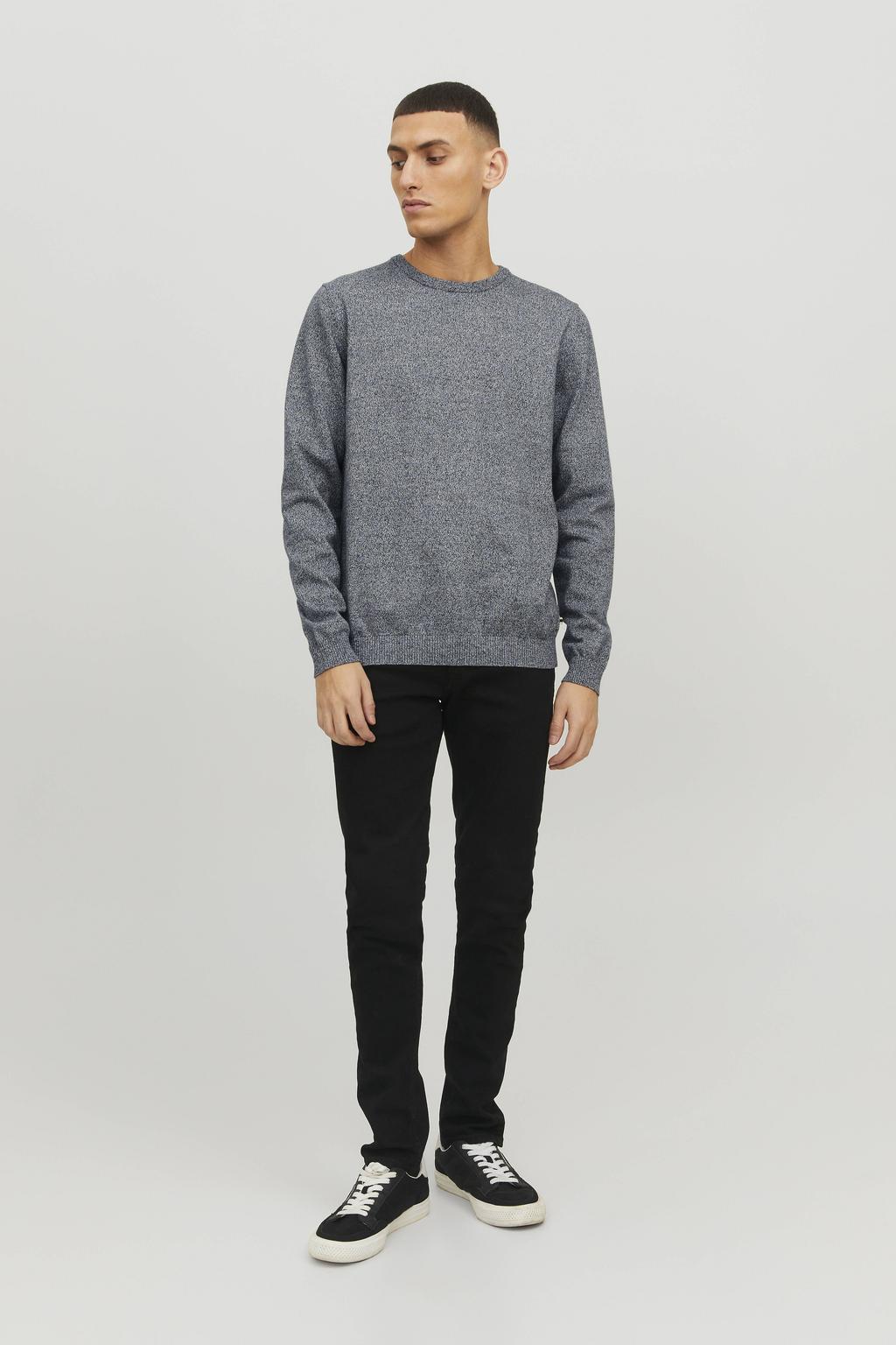 Blauwe heren JACK & JONES ESSENTIALS pullover fijn gebreid van katoen met melée print, lange mouwen en ronde hals