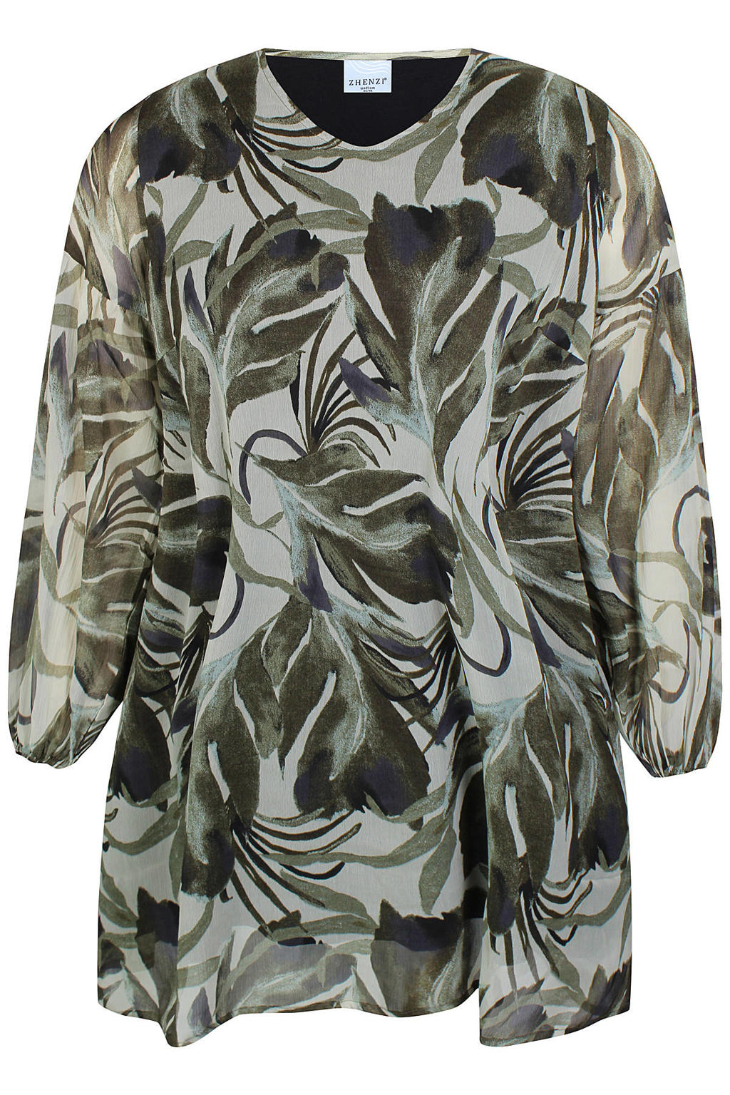 Donkergroen en grijze dames Zhenzi tuniek van polyester met bladprint, lange mouwen en V-hals