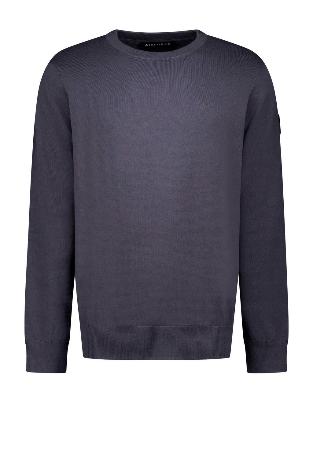 Blauwe heren Airforce pullover fijn gebreid van katoen met effen, lange mouwen, opstaande kraag en halve rits