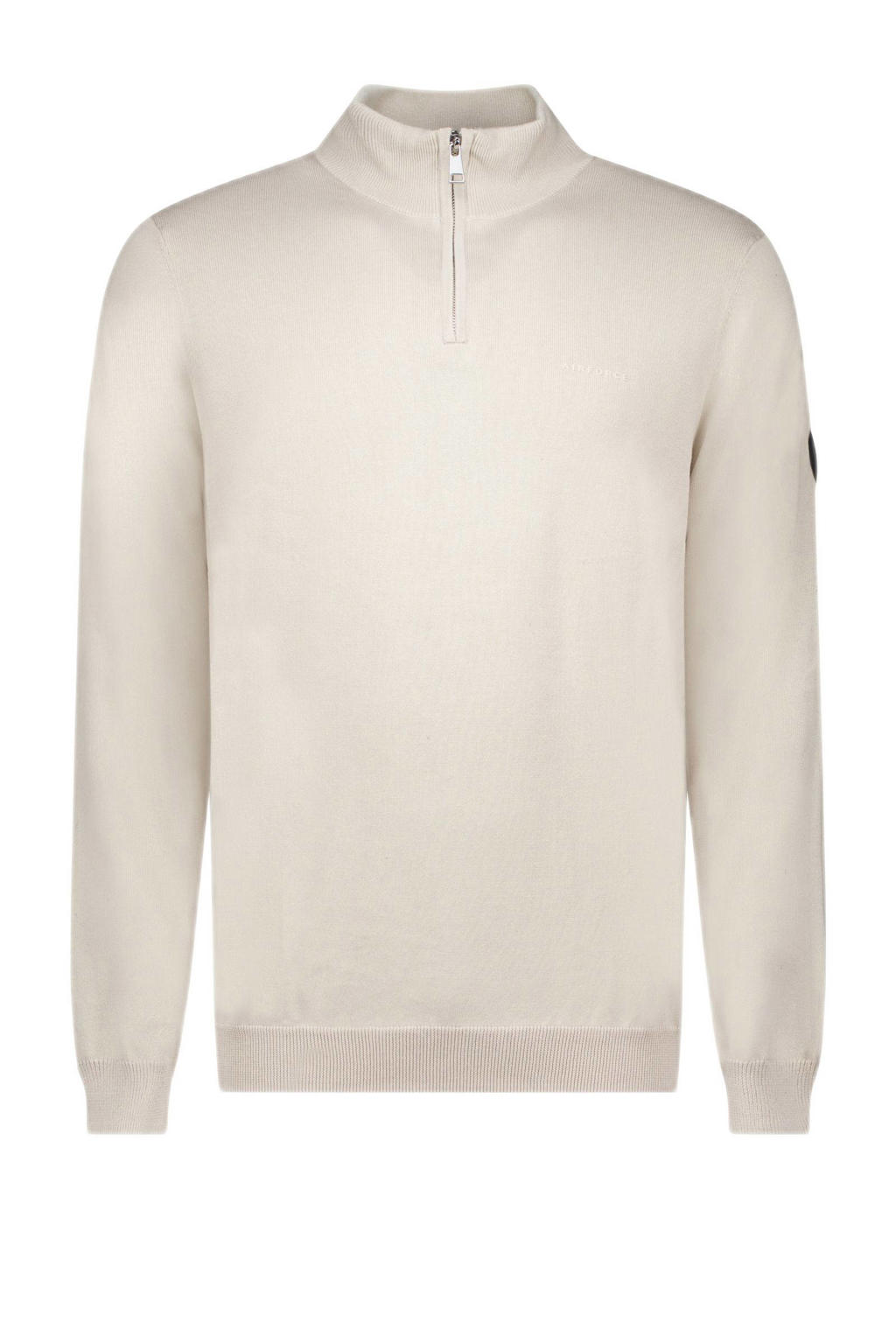 Beige heren Airforce pullover fijn gebreid van katoen met effen, lange mouwen, opstaande kraag en halve rits