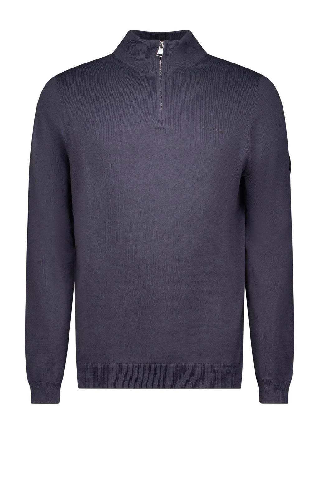Blauwe heren Airforce pullover fijn gebreid van katoen met effen, lange mouwen, opstaande kraag en halve rits