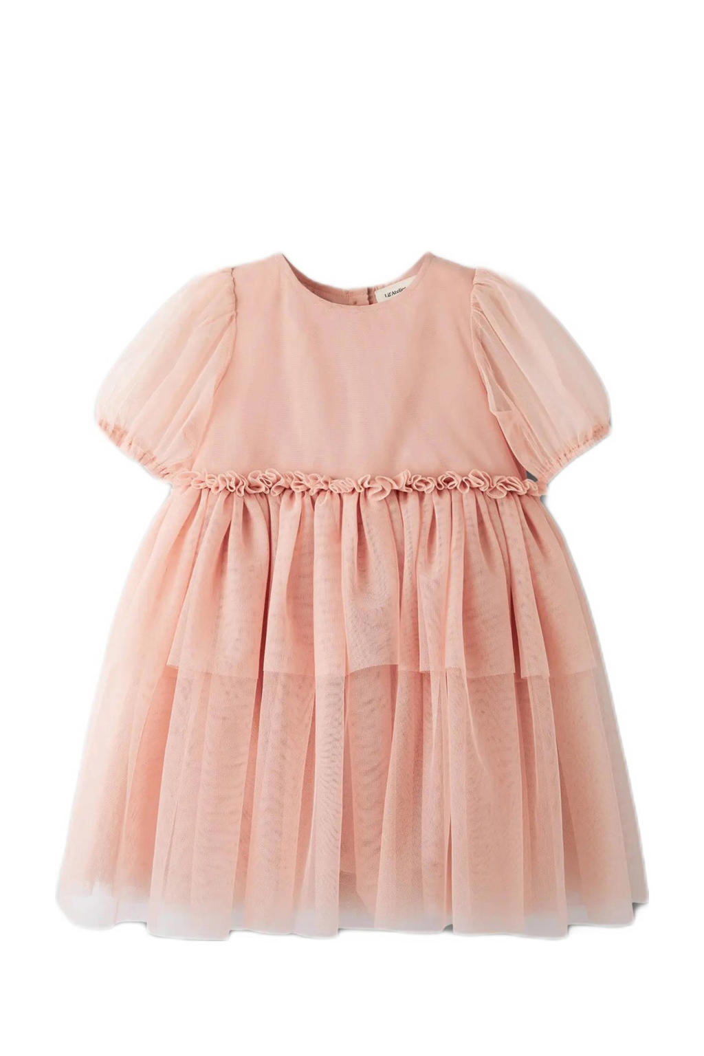 Lichtroze meisjes LIL' ATELIER MINI korte jurk van polyester met effen, korte mouwen en ronde hals
