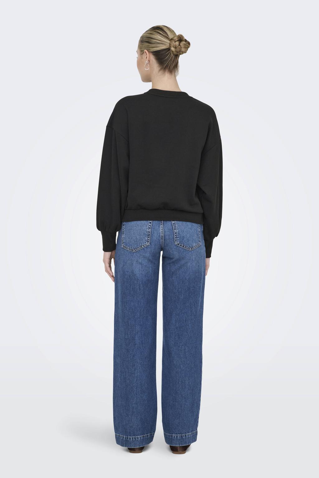 Zwart en ecru dames ONLY sweater van katoen met effen, lange mouwen, ronde hals en borduursels