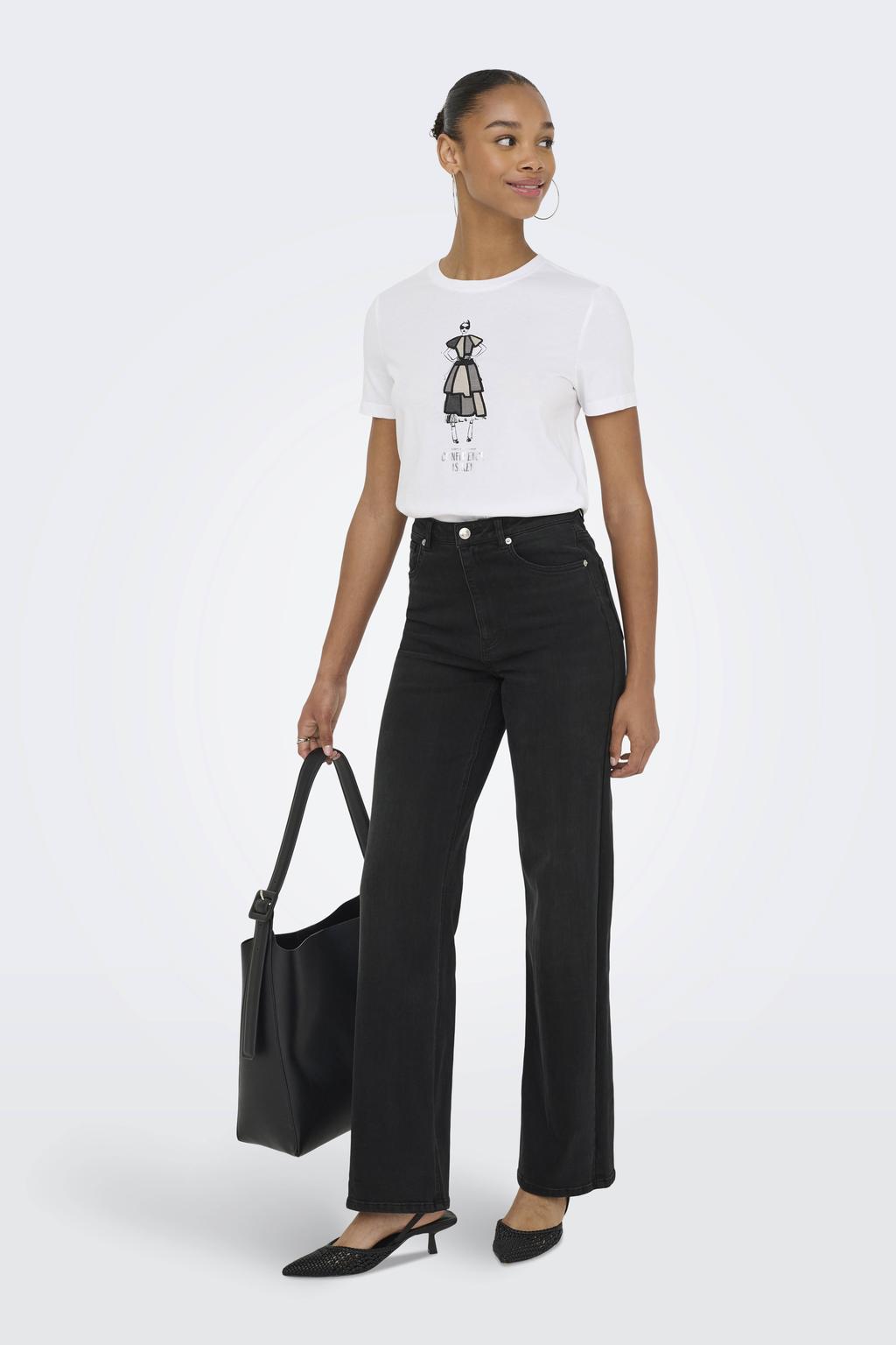 Black denim dames ONLY high waist wide leg jeans black van denim met rits- en knoopsluiting en effen