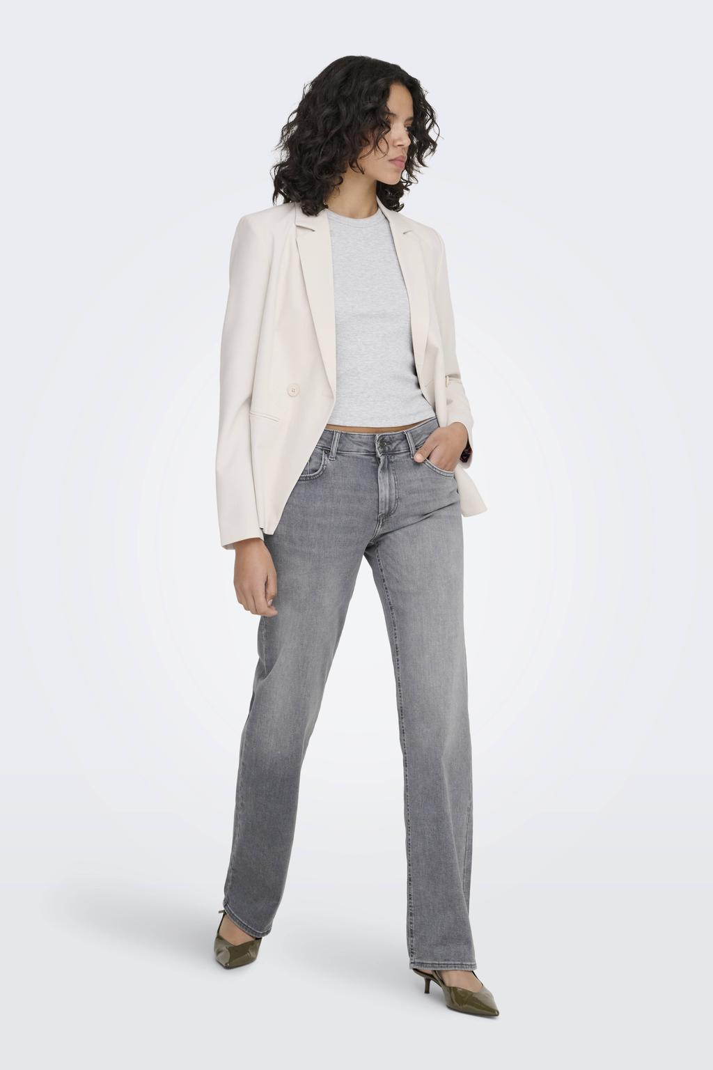 Grey denim dames ONLY straight leg jeans van denim met rits- en knoopsluiting en effen