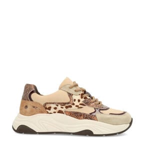 chunky leren sneakers met koeienprint beige