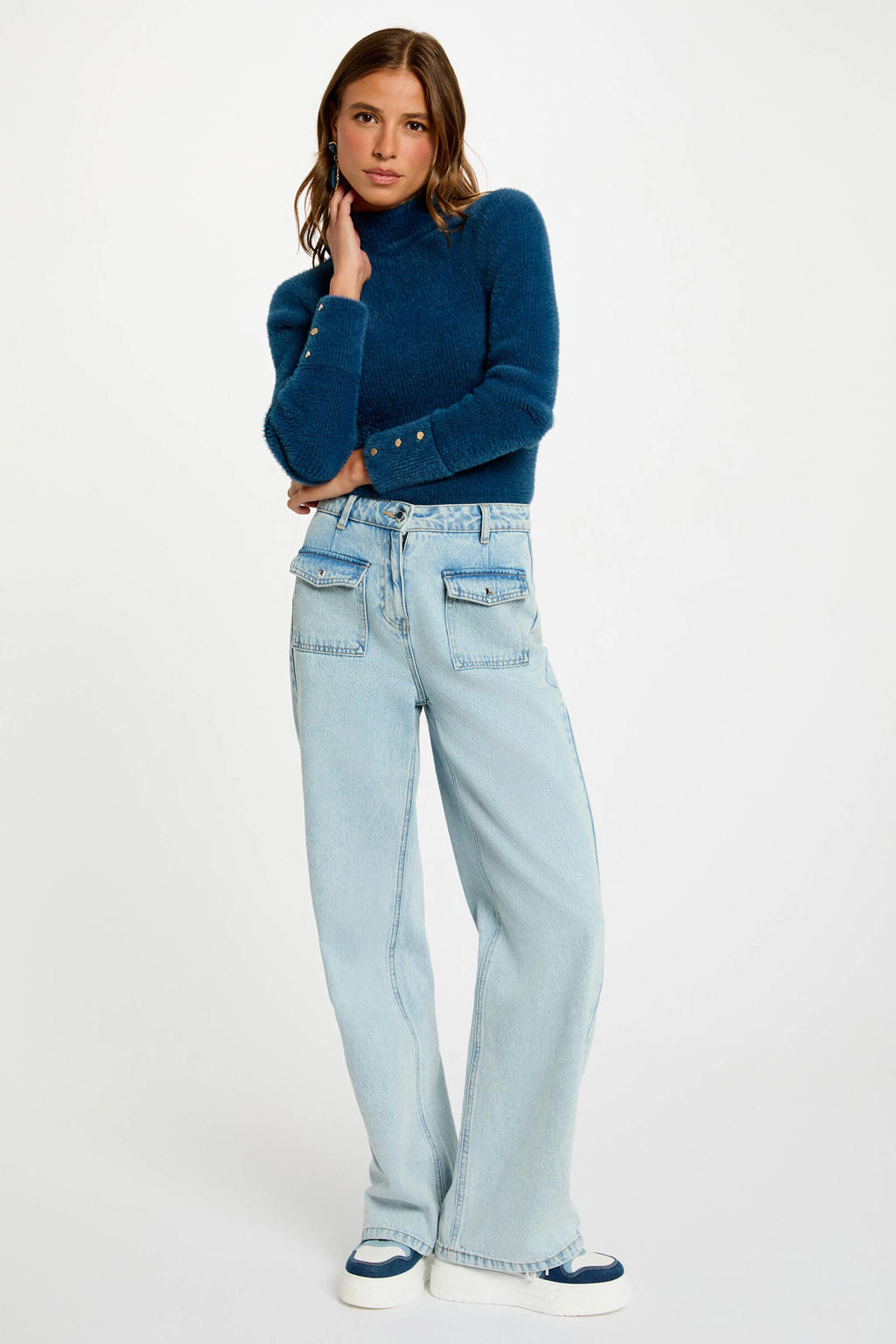 Blauwe dames Morgan trui rib gebreid van polyamide met effen, lange mouwen en opstaande kraag
