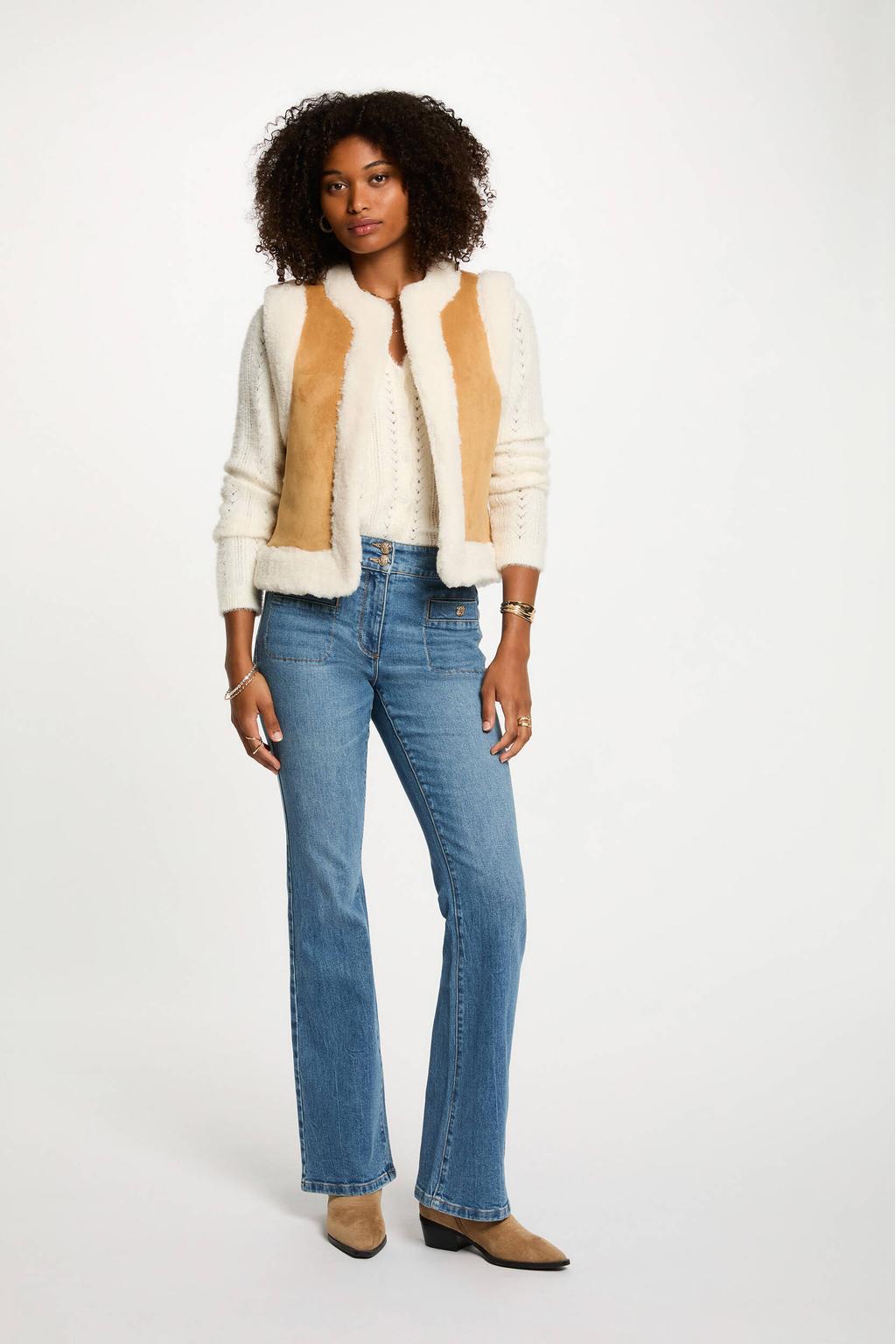 Camel en ecru dames Morgan gilet van imitatiebont met effen en ronde hals