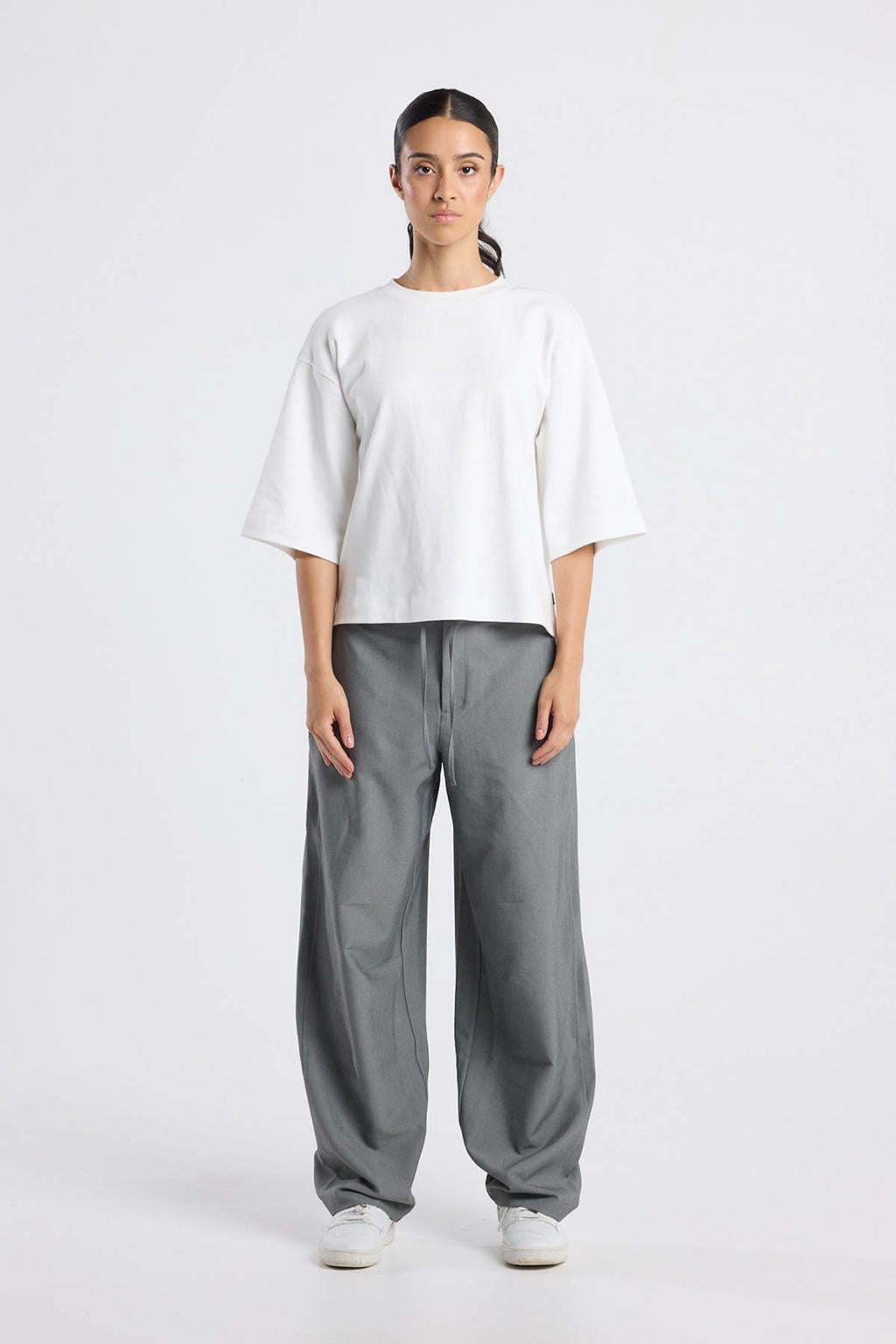 Grijze dames America Today barrel regular waist broek van polyester met elastische tailleband met koord en melée print