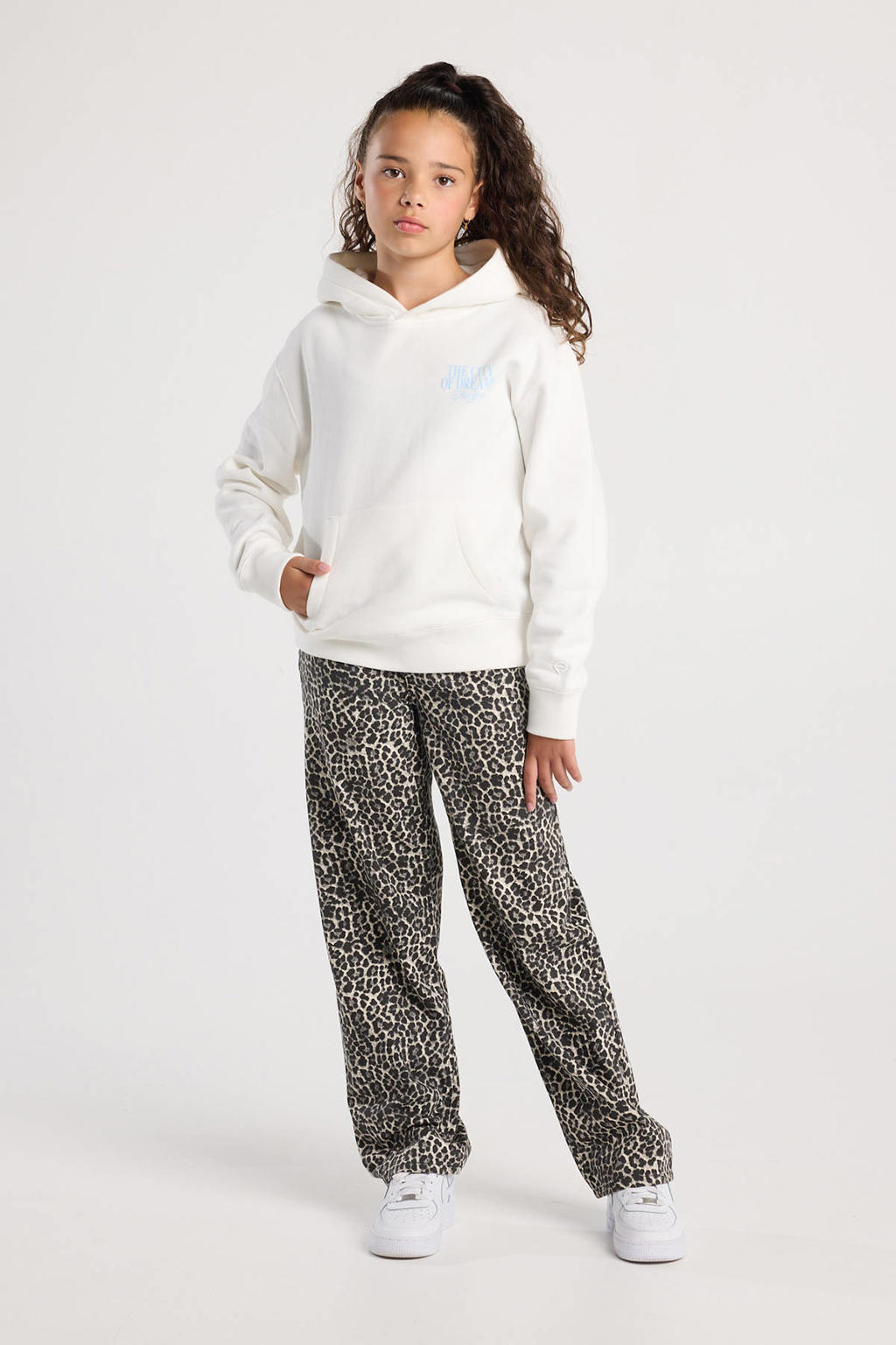 Bruin en zwarte meisjes America Today loose casual broek van katoen met rits- en knoopsluiting en dierenprint