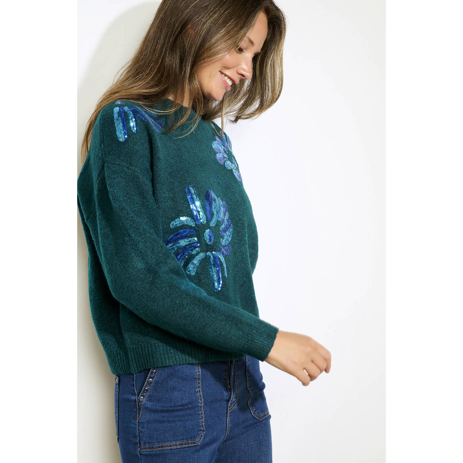 LOLALIZA wollen pullover donkergroen met pailletten
