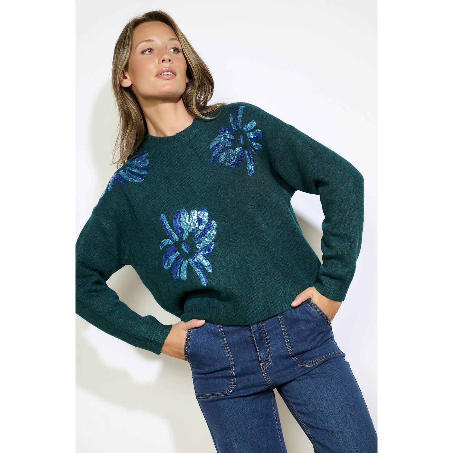 LOLALIZA wollen pullover donkergroen met pailletten