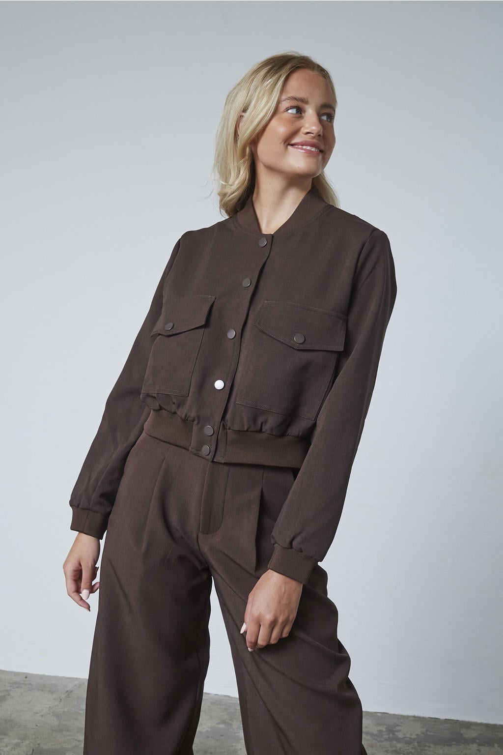 Donkerblauwe dames SisterS Point bomberjack van polyester met effen, lange mouwen, opstaande kraag en elastische boord