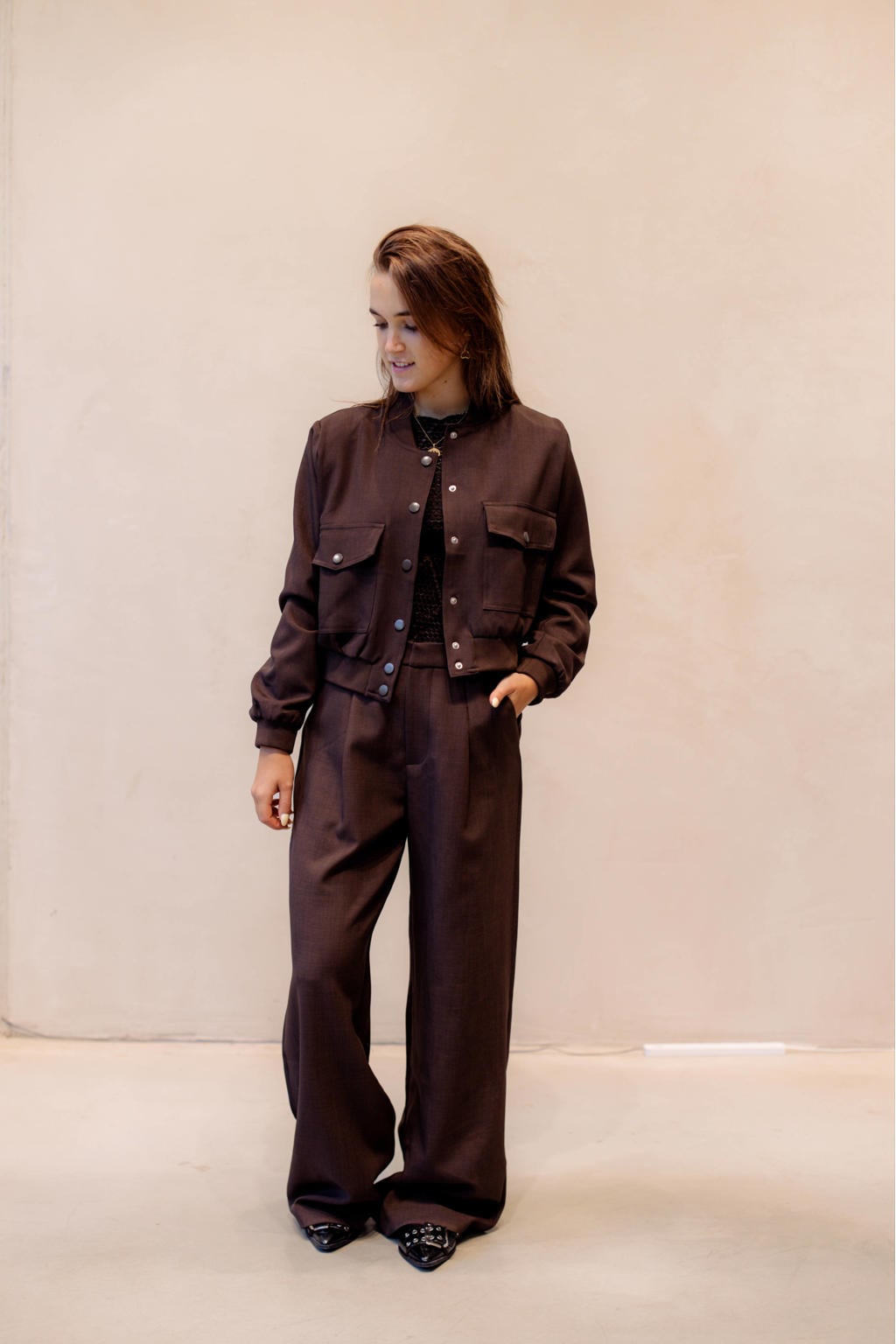 Donkerblauwe dames SisterS Point wide leg high waist pantalon met rits- en haaksluiting en effen