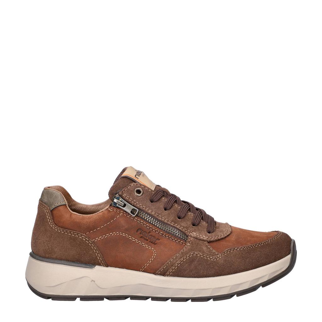 Cognackleurige heren Rieker nubuck sneakers met rits- en vetersluiting