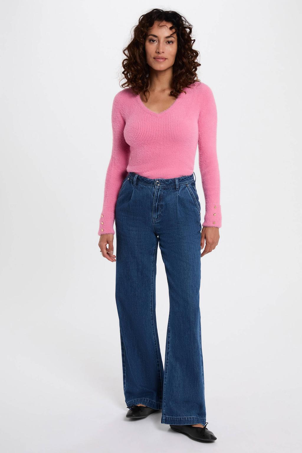 Roze dames Morgan trui rib gebreid met effen, lange mouwen en V-hals