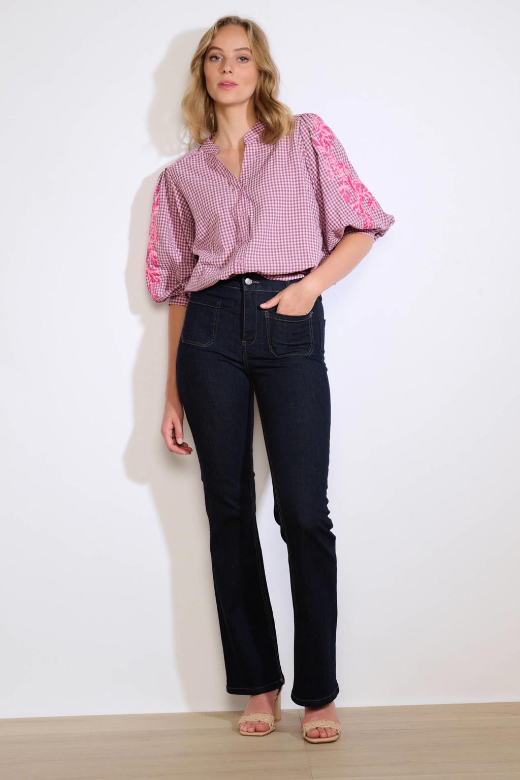 Paars en roze dames LOLALIZA top van polyester met ruitenprint, lange mouwen en mao kraag