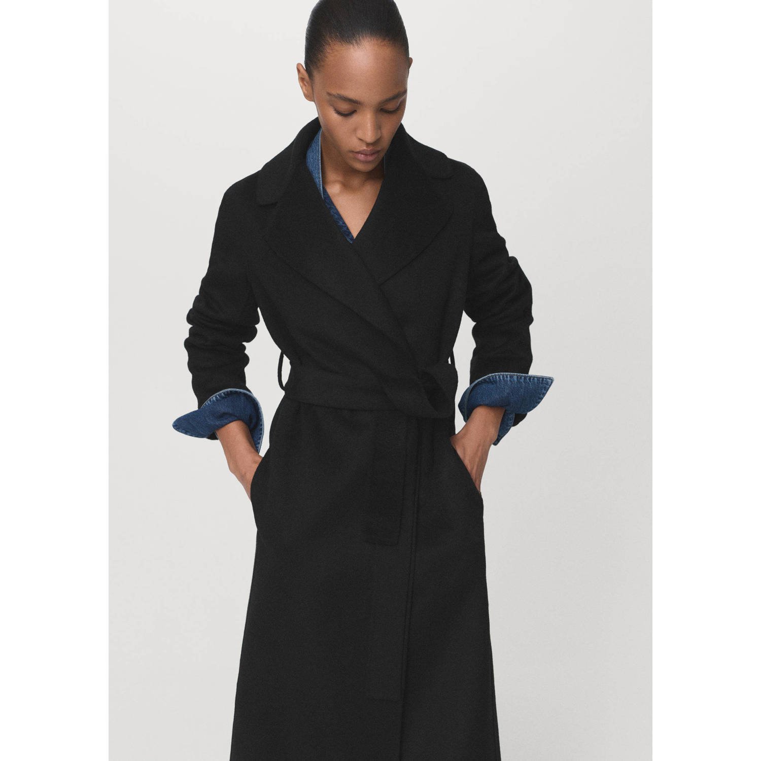 Mango wollen trenchcoat zwart
