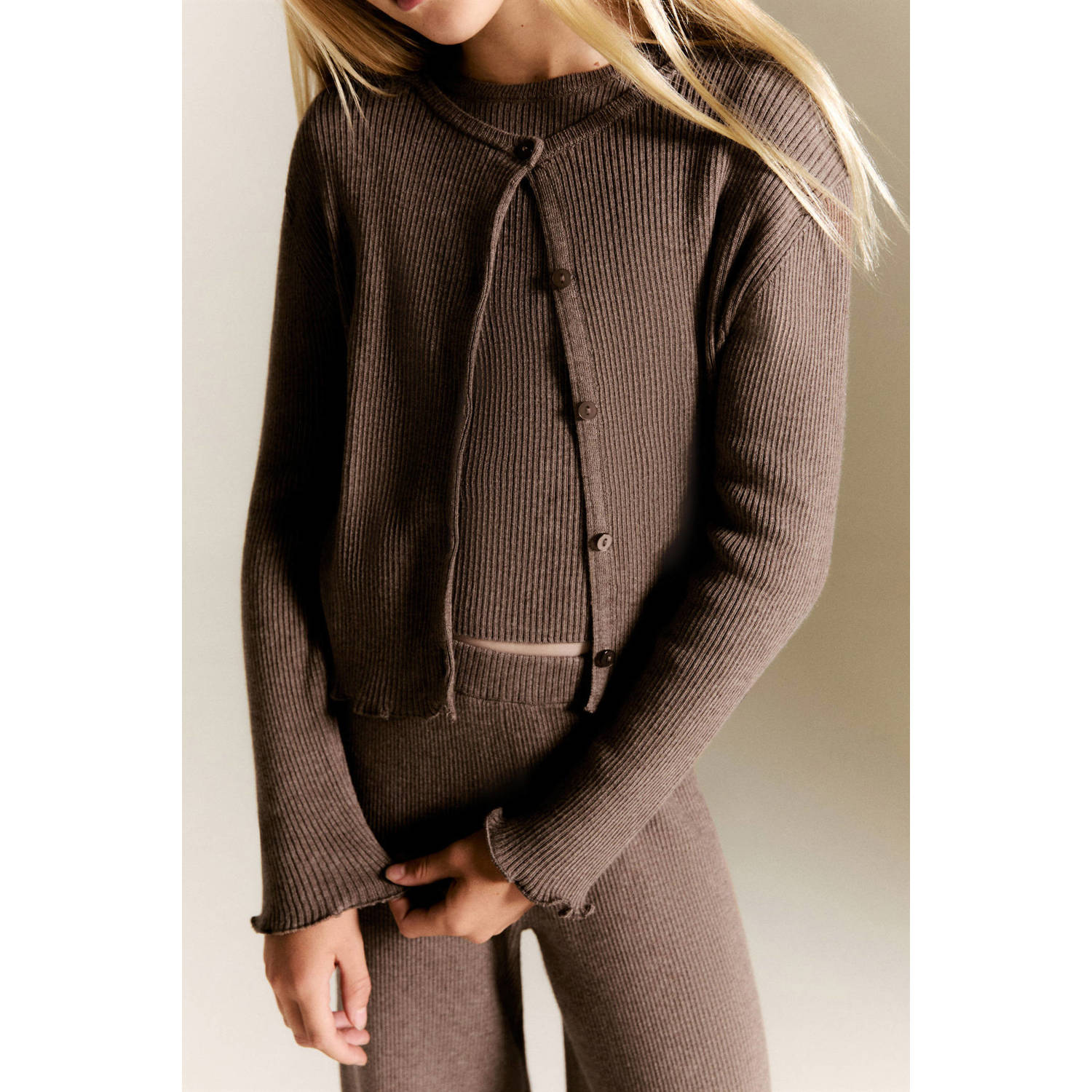 Mango Kids vest bruin rib gebreid