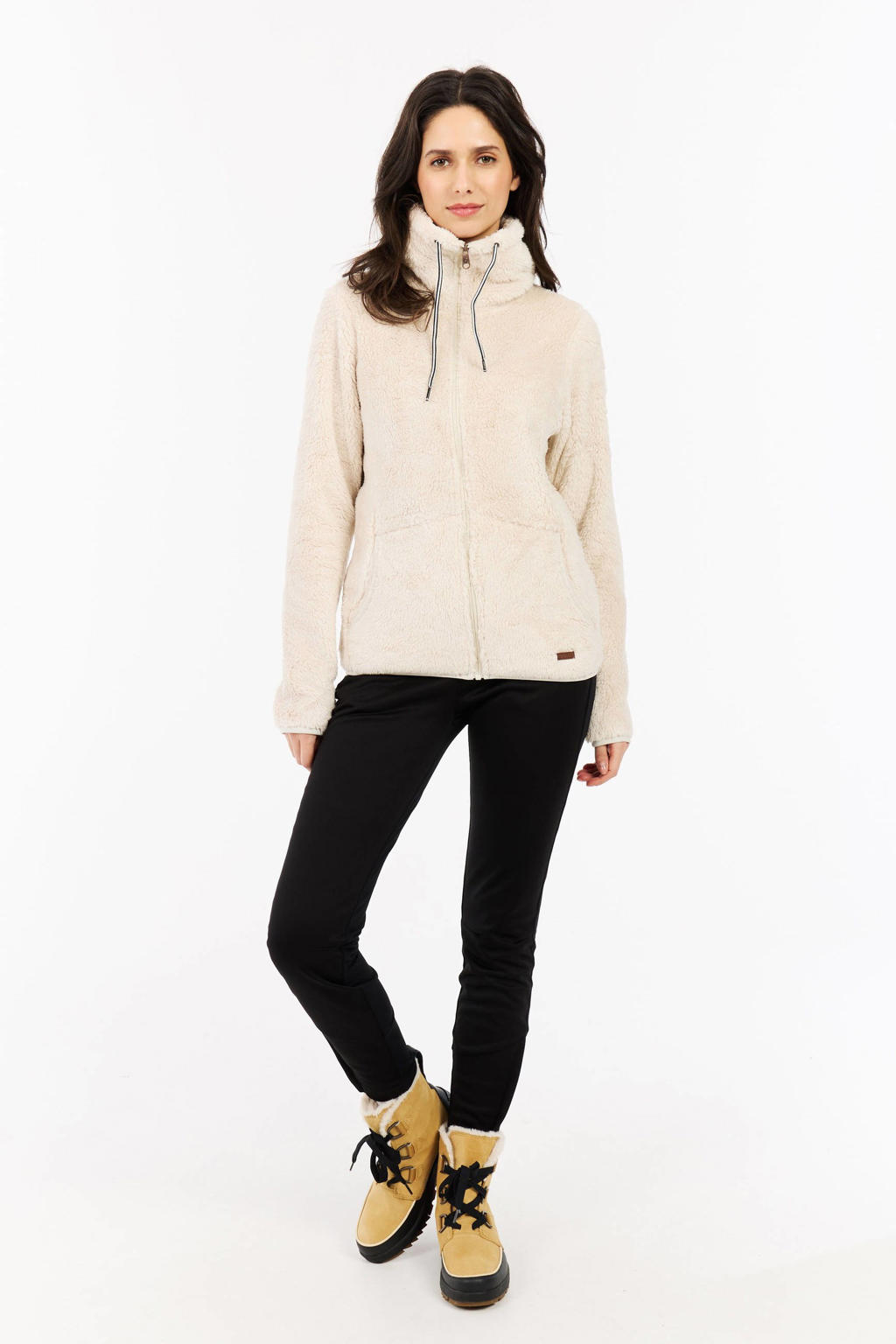 Ecru dames Protest fleece vest PRTAdele met effen, lange mouwen, opstaande kraag en ritssluiting