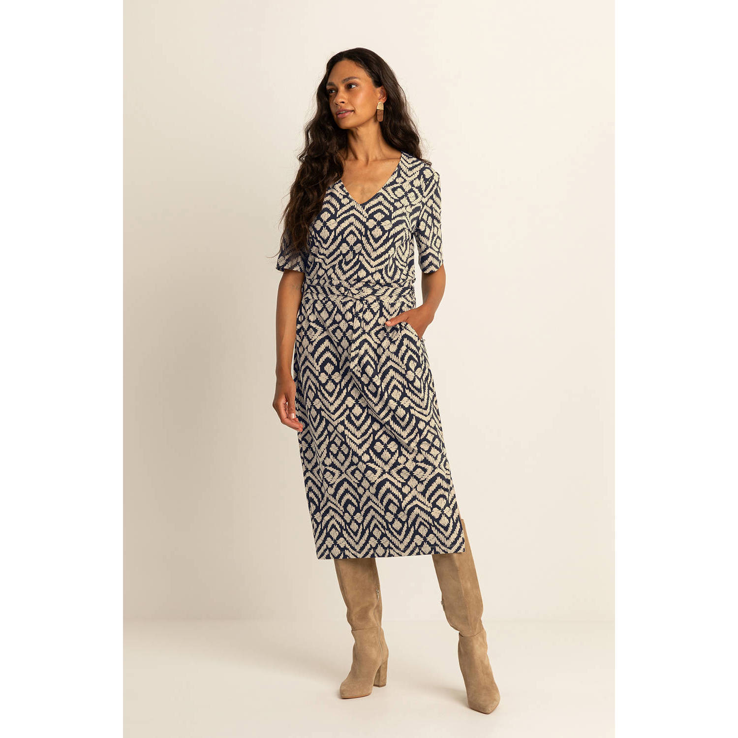 Expresso travelstof midi jurk beige