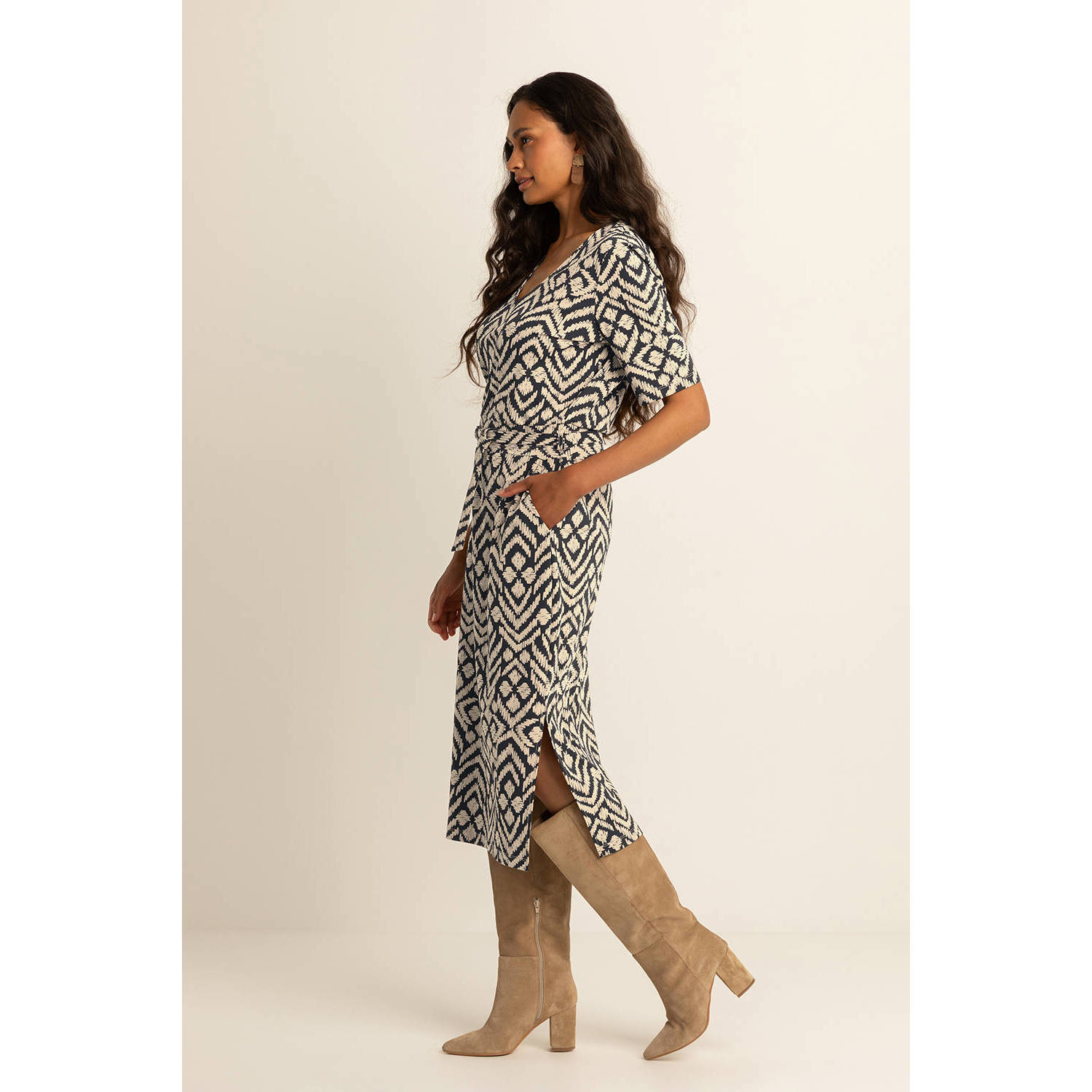 Expresso travelstof midi jurk beige