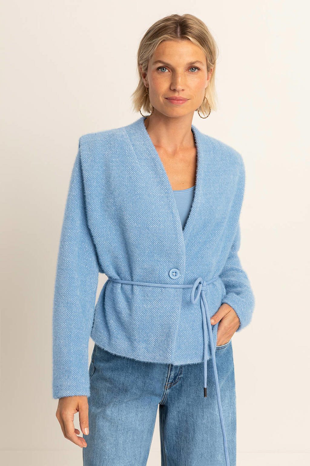 Lichtblauwe dames Expresso gebreid vest met effen, lange mouwen, V-hals en knoopsluiting