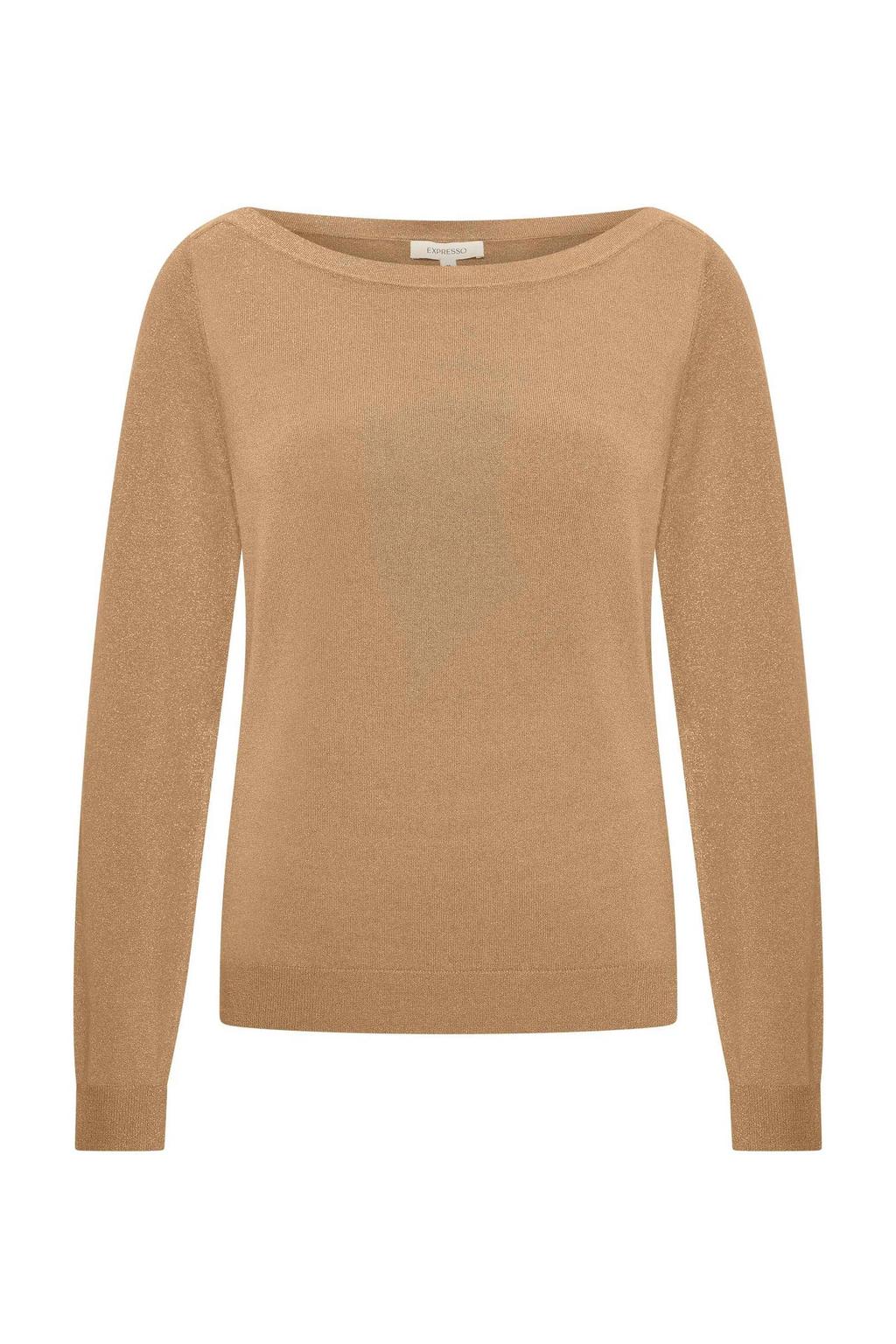 Camelkleurige dames Expresso gebreide trui van viscose met effen, lange mouwen en boothals