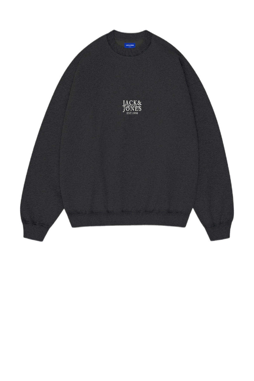 Zwarte jongens JACK & JONES JUNIOR sweater met backprint, lange mouwen, ronde hals en geribde boorden