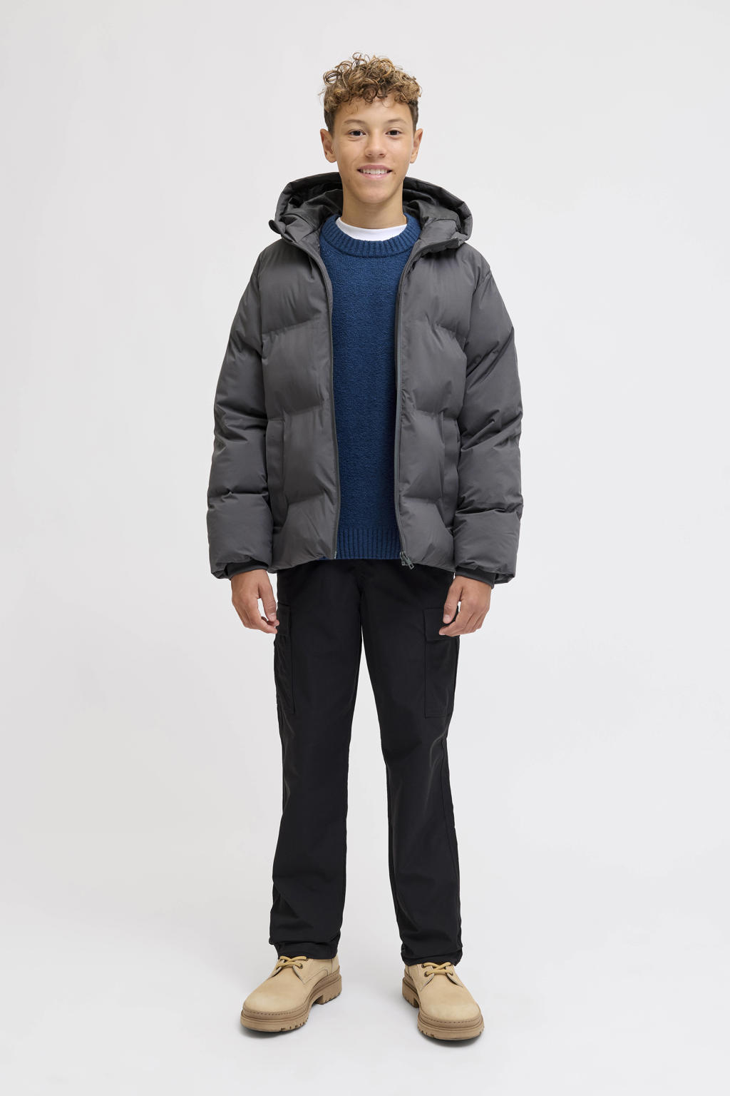 Blauwe jongens JACK & JONES JUNIOR pullover gebreid van katoen met effen, lange mouwen en ronde hals