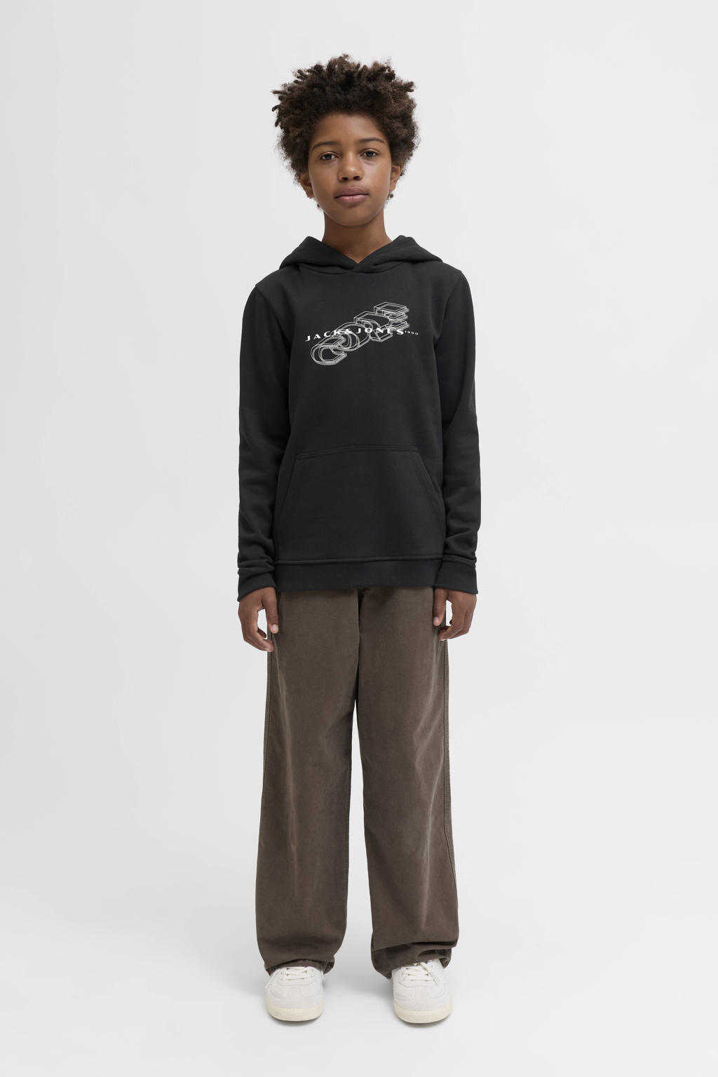 Zwarte jongens JACK & JONES JUNIOR hoodie van sweat materiaal met logo dessin, lange mouwen en capuchon