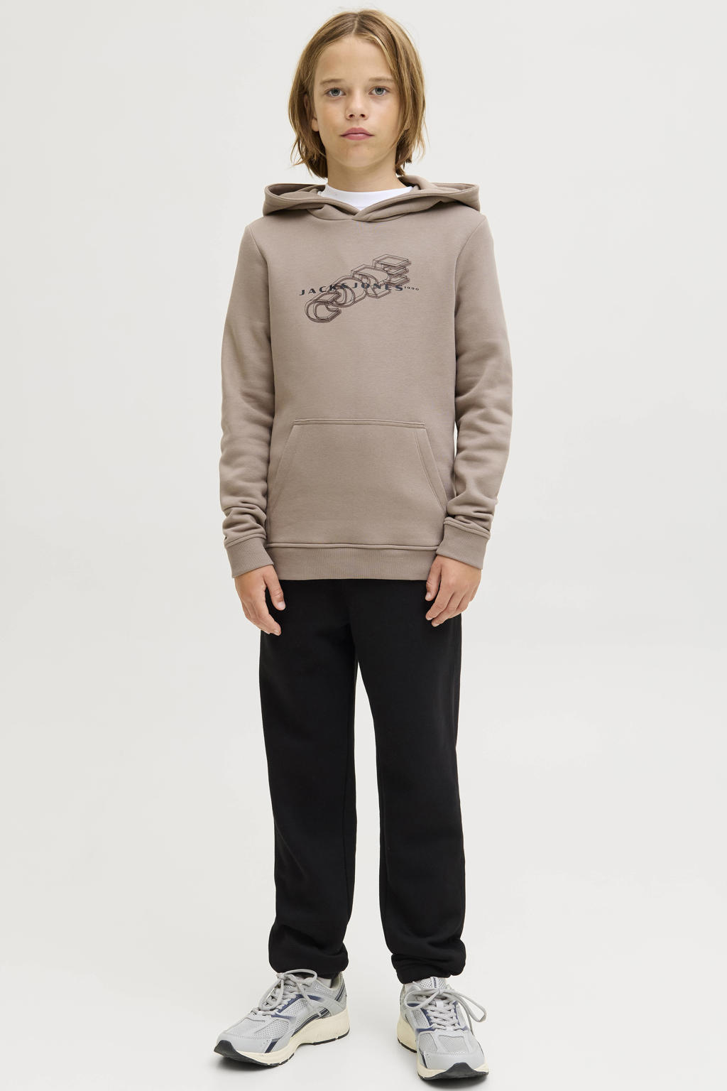 Zandkleurige jongens JACK & JONES JUNIOR hoodie van sweat materiaal met logo dessin, lange mouwen en capuchon