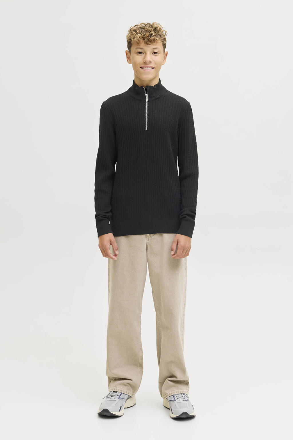 Zwarte jongens JACK & JONES JUNIOR trui van katoen met effen, lange mouwen, col, halve rits en gebreide details
