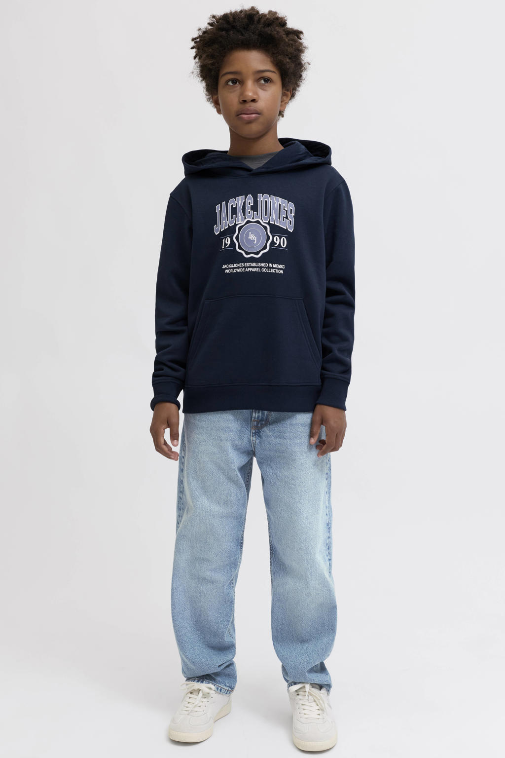Medium blue denim jongens JACK & JONES JUNIOR relaxed high waist loose fit jeans van denim met effen