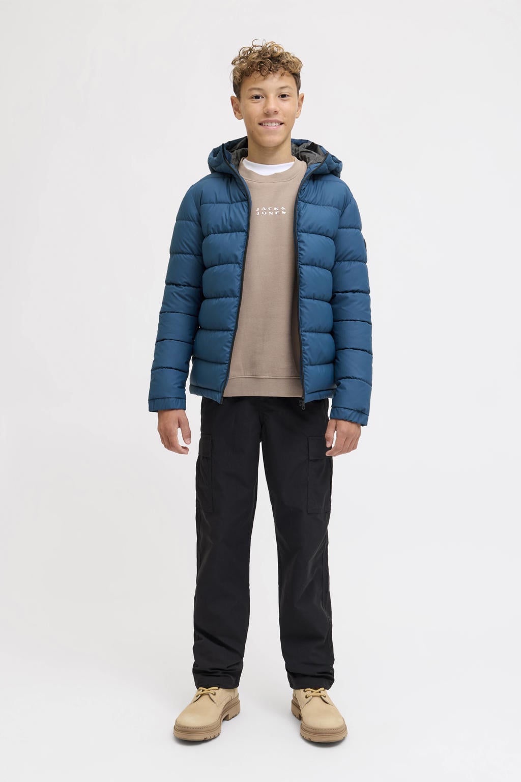 Blauwe jongens JACK & JONES JUNIOR gewatteerde jas gebreid van polyester met effen, lange mouwen, capuchon en ritssluiting