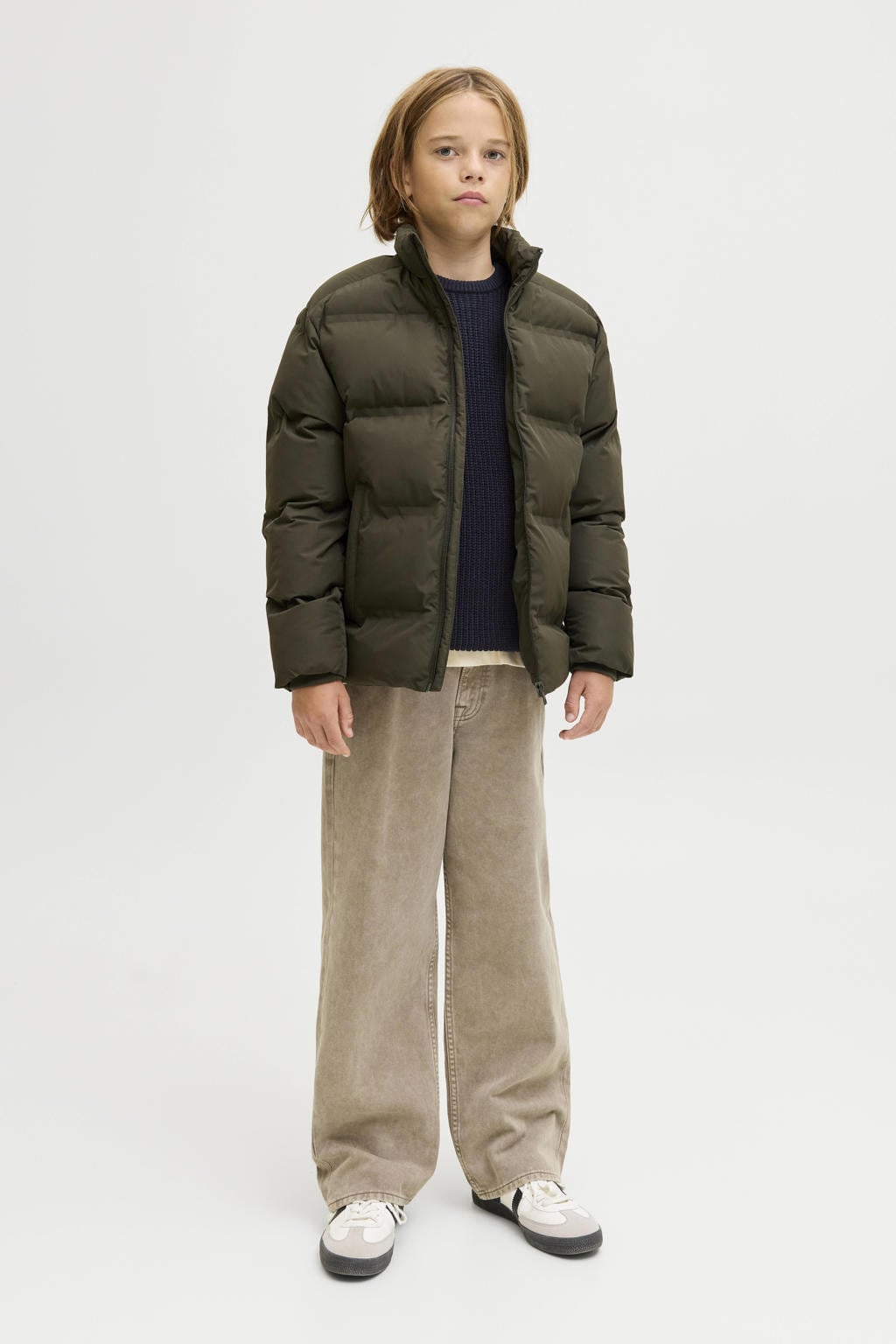 Donkerblauwe jongens JACK & JONES JUNIOR trui grof gebreid van acryl met effen en lange mouwen