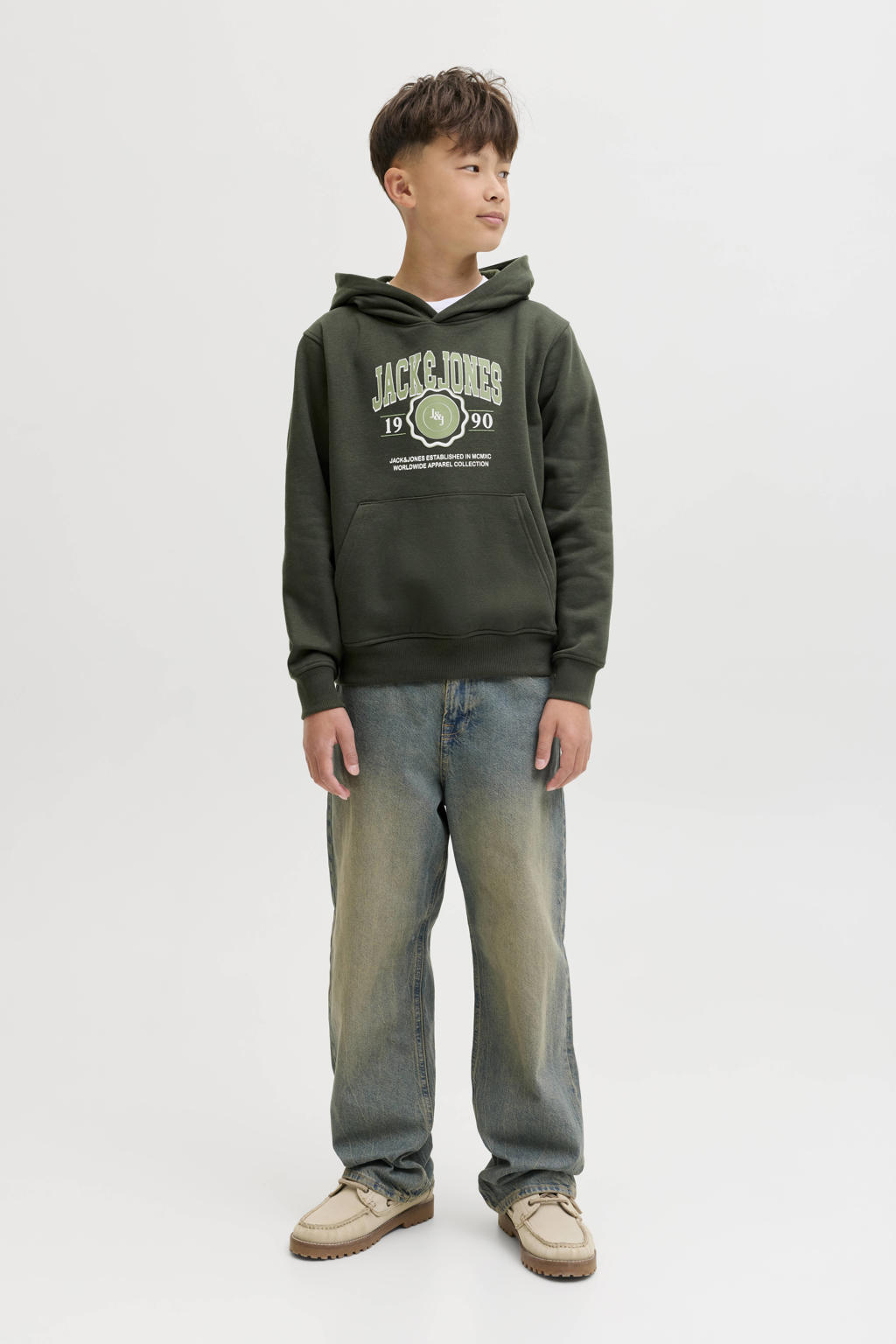 Donkergroene jongens JACK & JONES JUNIOR hoodie van sweat materiaal met logo dessin, lange mouwen en capuchon