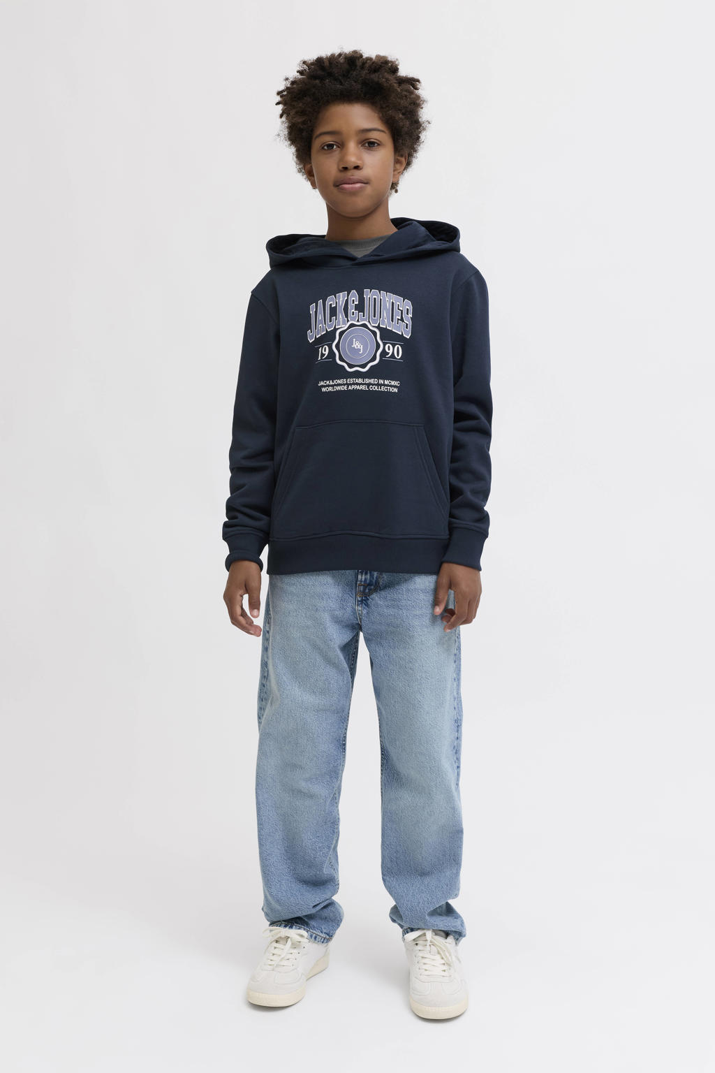 Donkerblauwe jongens JACK & JONES JUNIOR hoodie van sweat materiaal met logo dessin, lange mouwen en capuchon