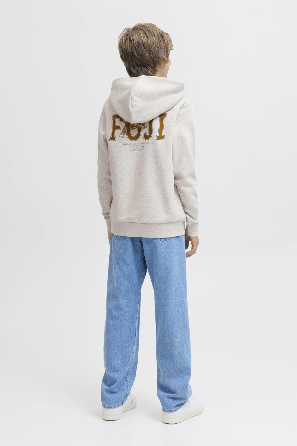Witte jongens JACK & JONES JUNIOR hoodie melange van sweat materiaal met backprint, lange mouwen en capuchon