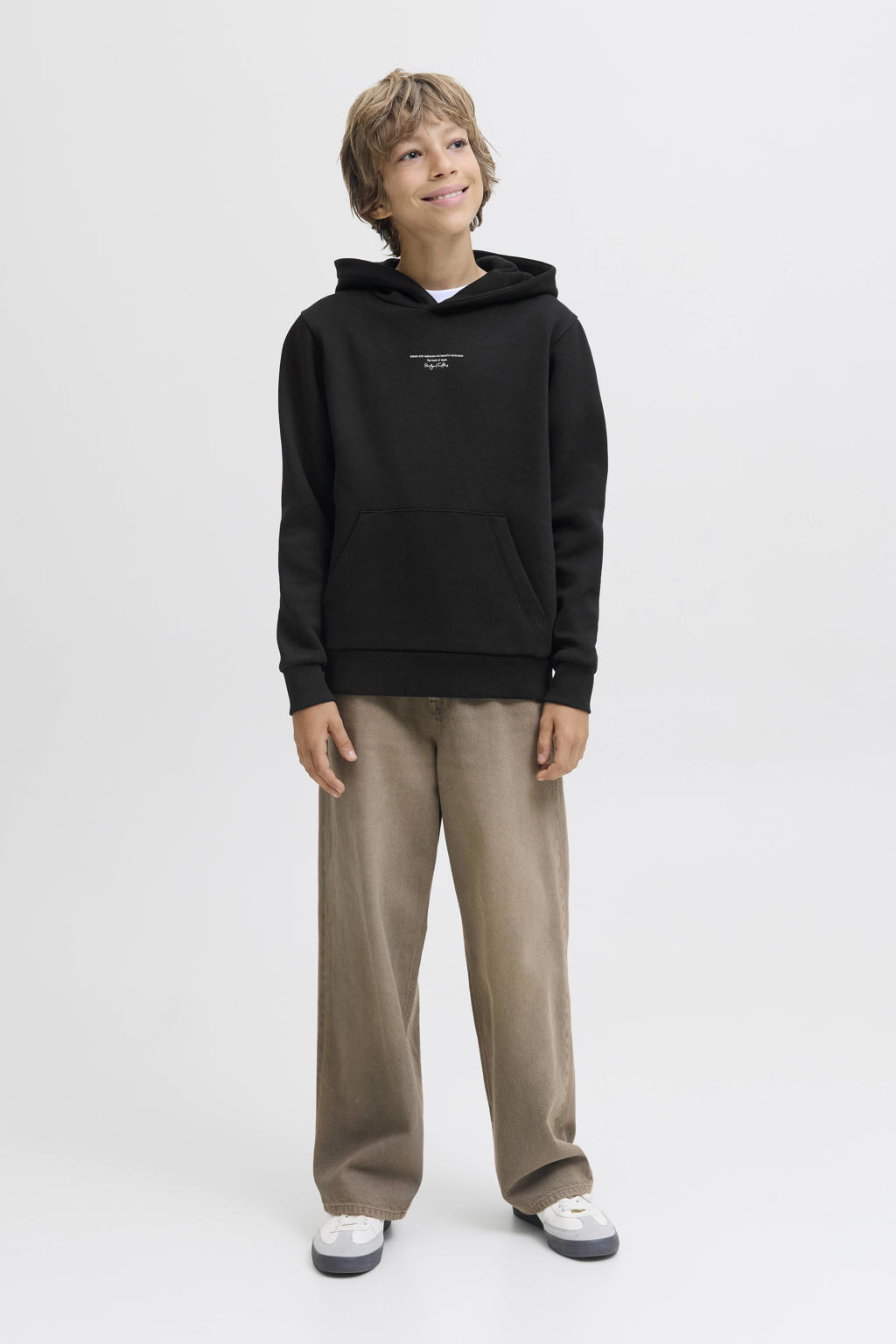 Zwarte jongens JACK & JONES JUNIOR hoodie van sweat materiaal met backprint, lange mouwen en capuchon